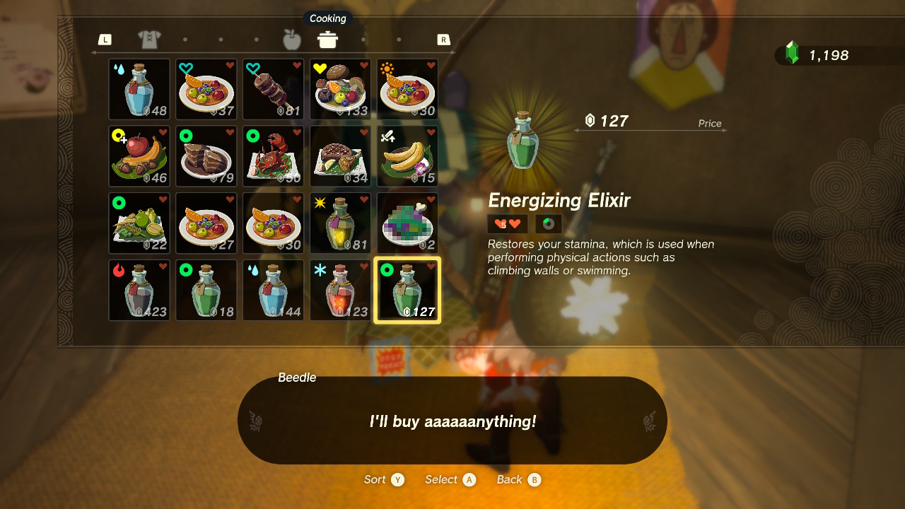 A screenshot of a vendor screen in Zelda: Tears of the Kingdom, highlighting an Energizing Elixir up for sale at 127 rupees