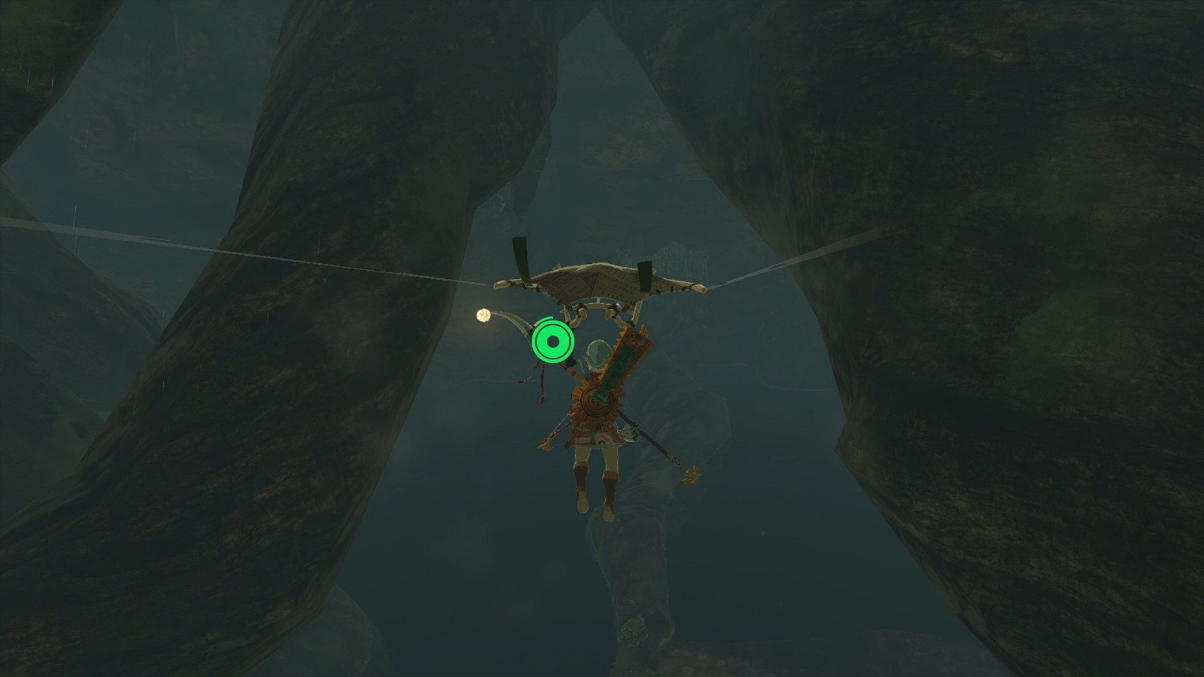 Link glides toward a wall of vines at the bottom of the Ancient Tree Stump in The Legend of Zelda: Tears of the Kingdom