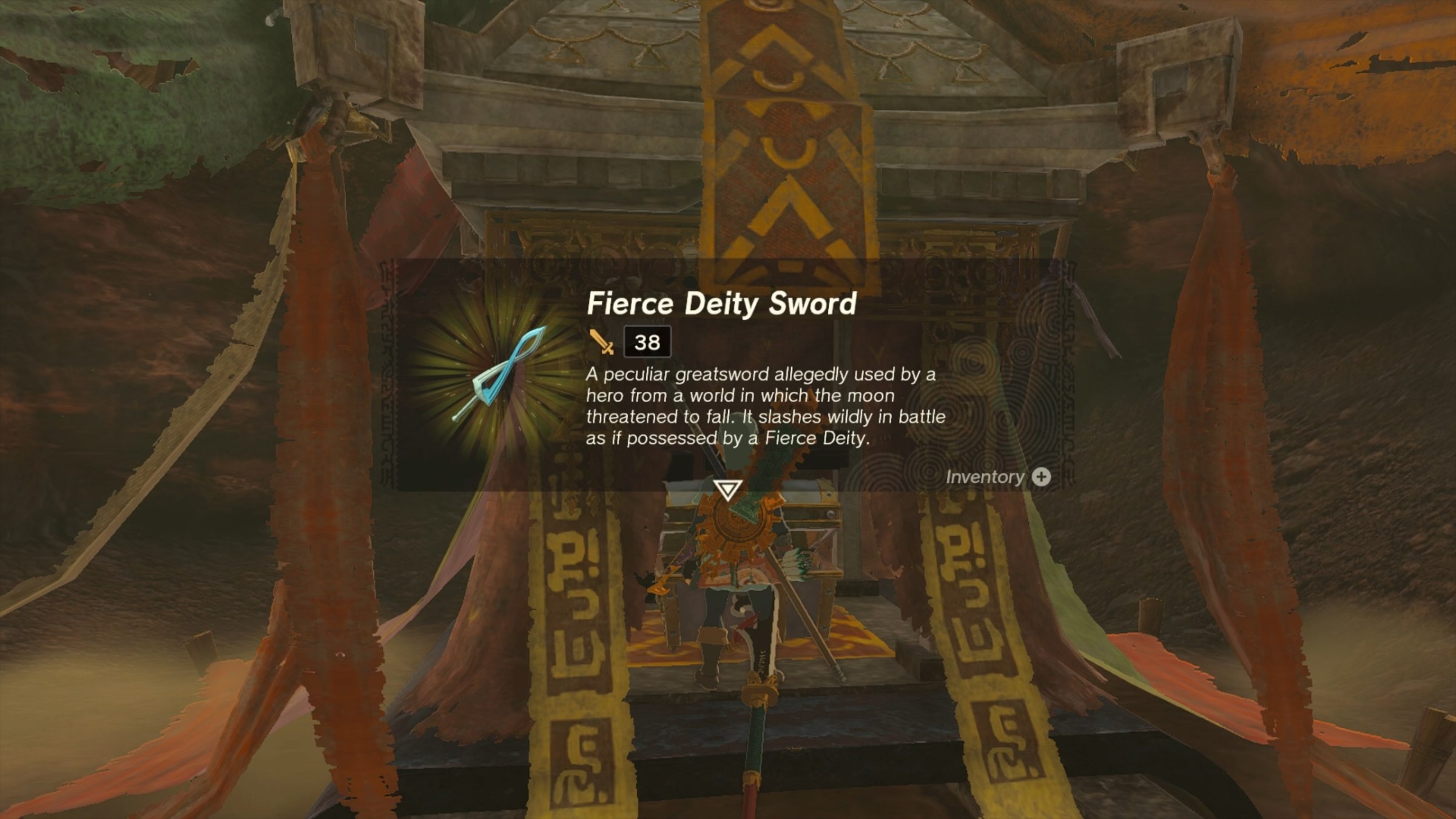 Link opens the chest containing the Fierce Deity Sword in The Legend of Zelda: Tears of the Kingdom