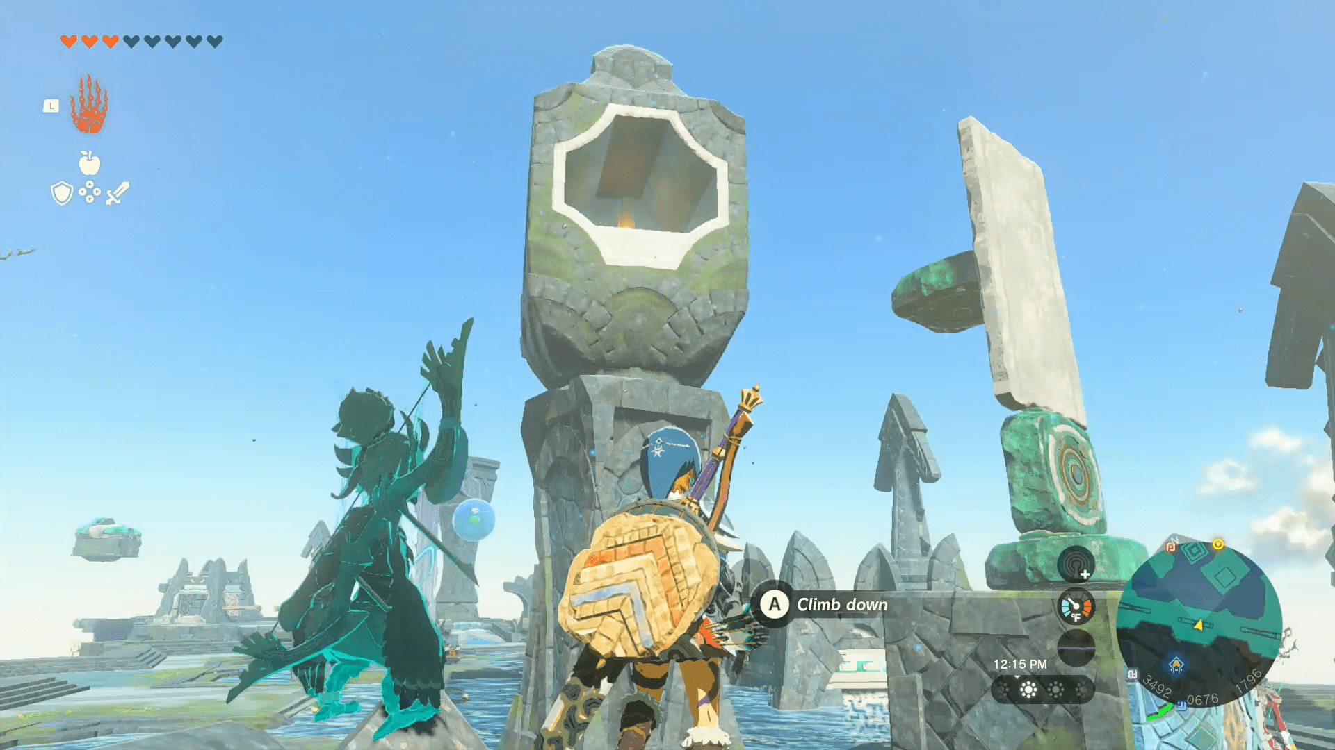 Link in the Zoroa armor stands in front of a spinning device with a tall structure build with Zonai platforms and a stone slate in Tears of the Kingdom