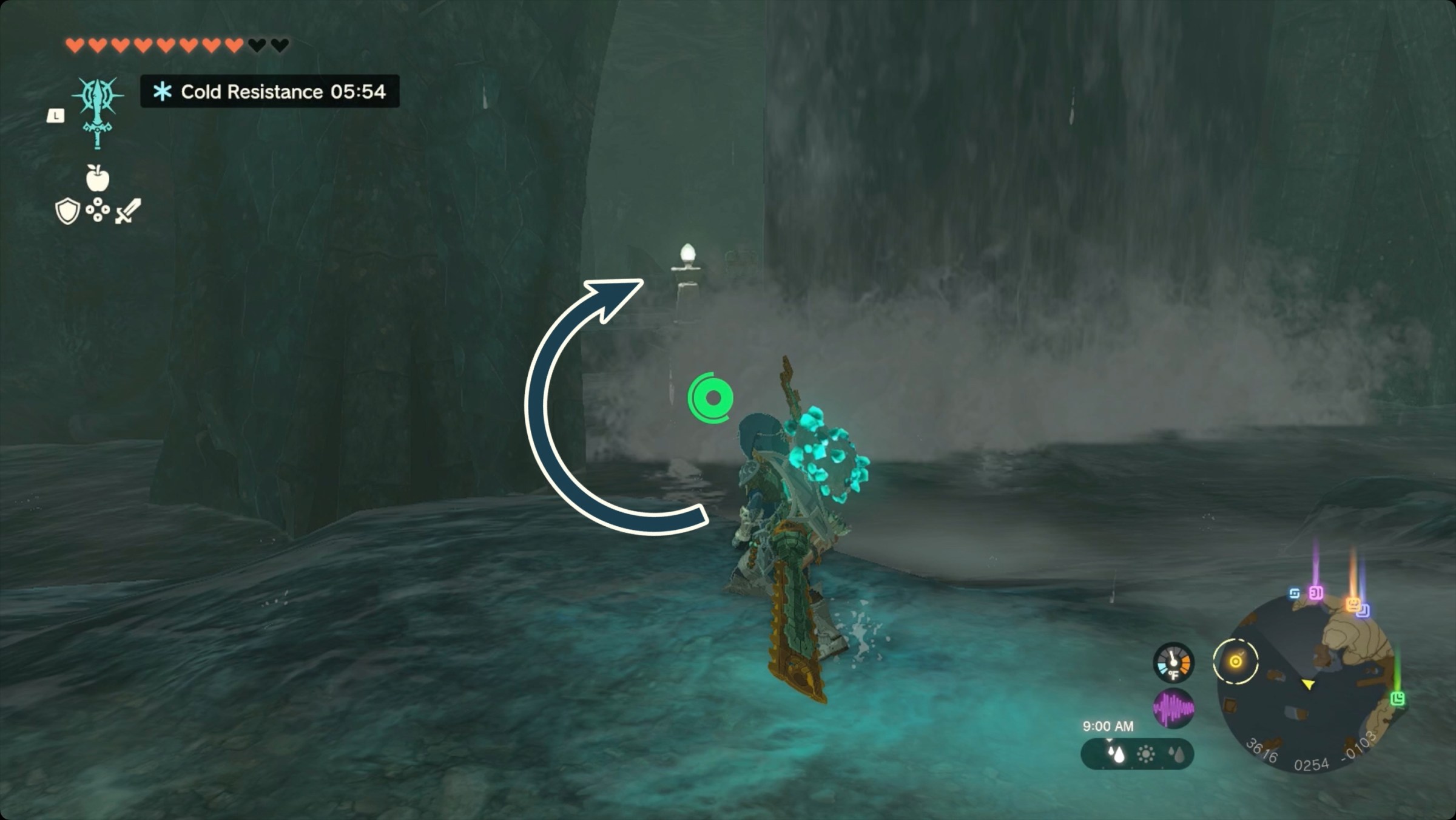 The Legend of Zelda: Tears of the Kingdom Link in the Ancient Zora Waterworks running past a waterfall with an arrow pointing to a cave behind it. The Zora greaves are in a chest in the cave.