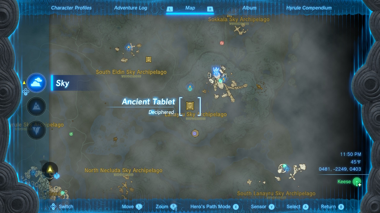 A screenshot of the map location of stone tablet #6 in Zelda: Tears of the Kingdom