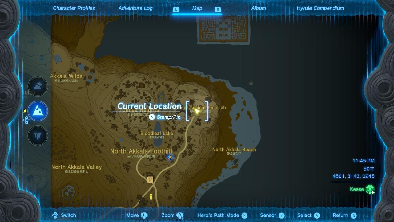 A screenshot of the Akkala Ancient Tech Lab map location in Zelda: Tears of the Kingdom