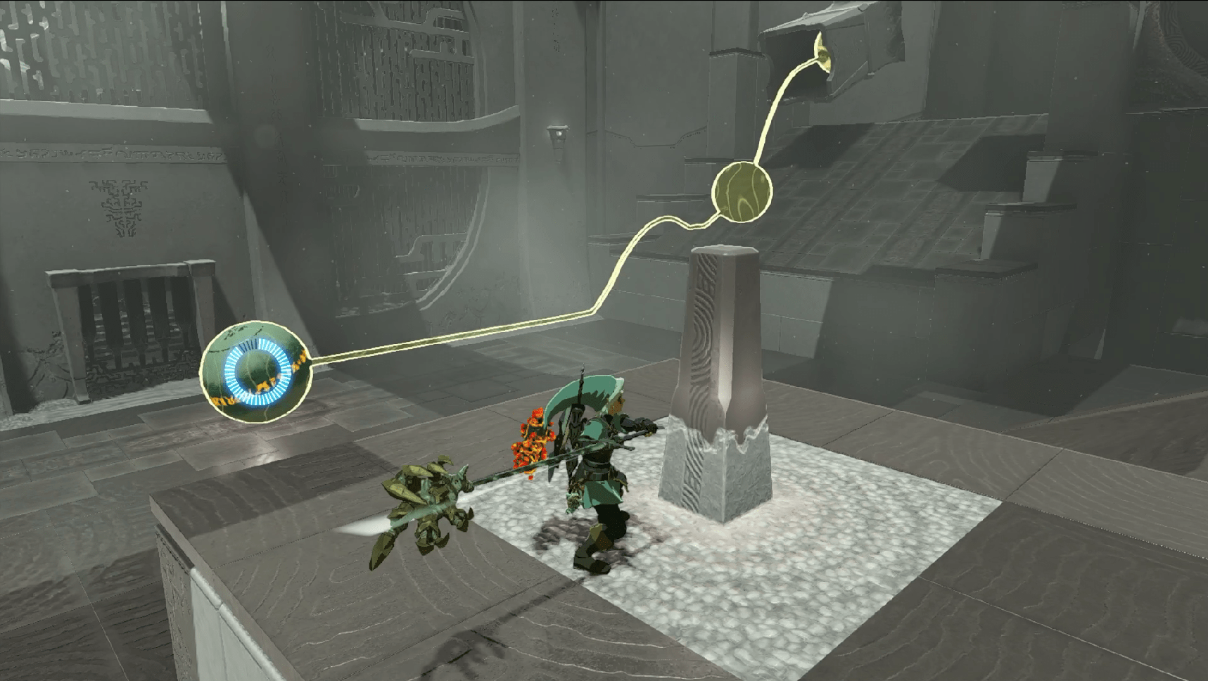 A view of Ademimik Shrine in Zelda: Tears of the Kingdom with Recall active, showing the route the ball will take backward to its chute