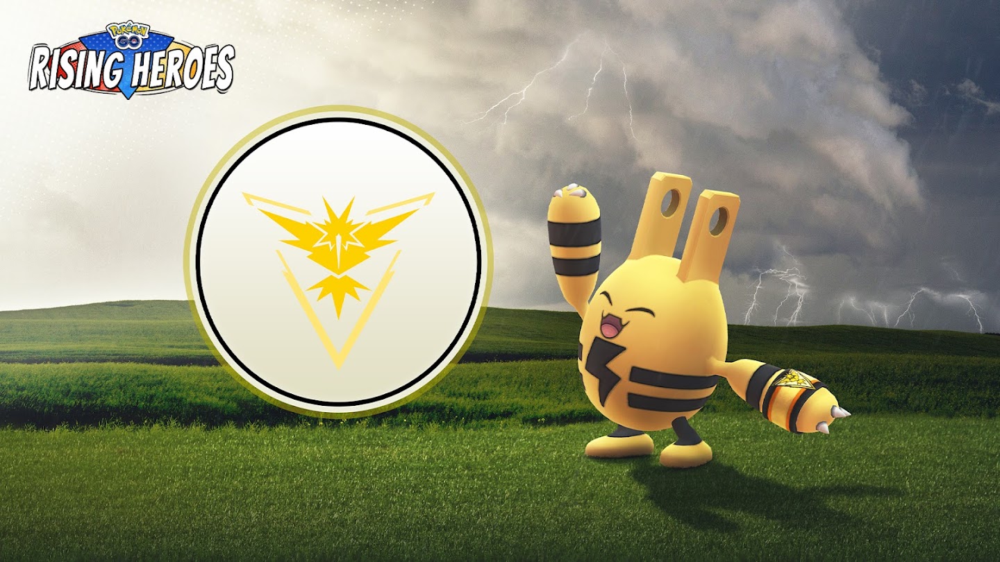 The Team Instinct logo and an Elekid wearing a Spark-themed accessory in Pokémon Go.