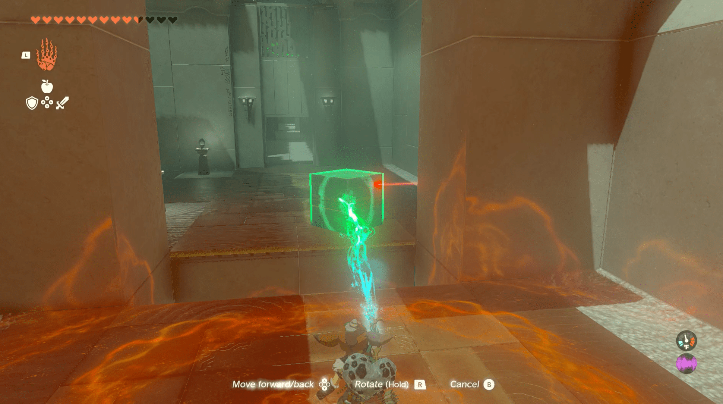 An image of Link using the Ultrahand ability to move a block in Sahirow Shrine in The Legend of Zelda: Tears of the Kingdom.