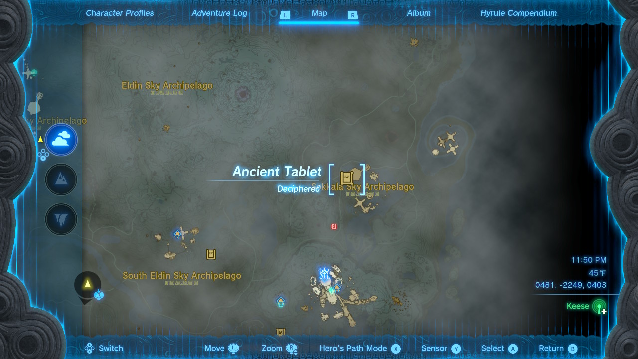 A screenshot of the map location of stone tablet #4 in Zelda: Tears of the Kingdom
