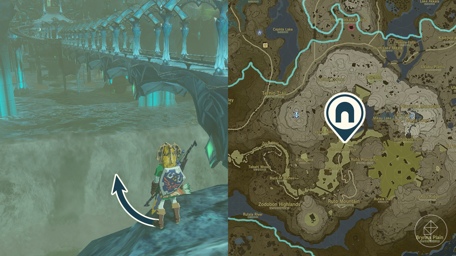 Cave under Zora’s Domain entrance marked on the map of Hyrule in Zelda: Tears of the Kingdom.