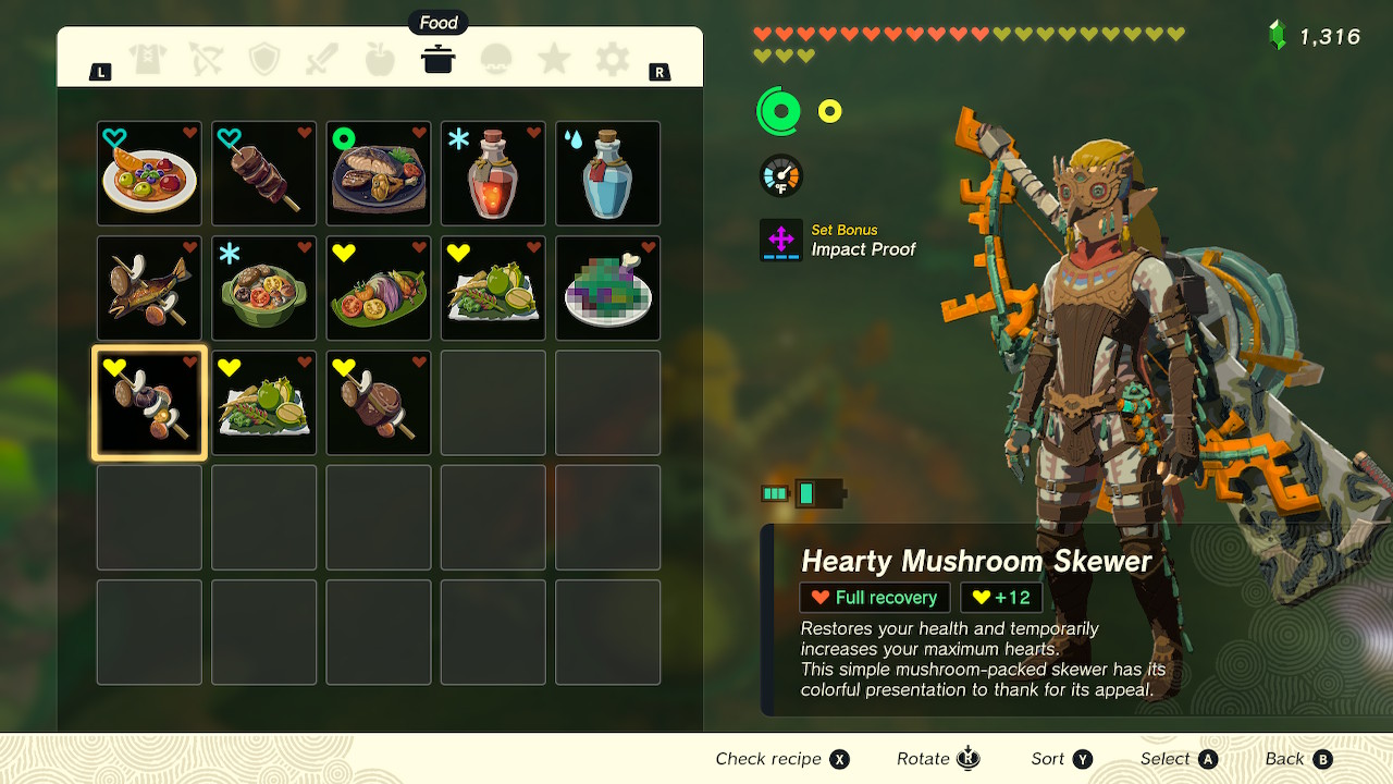 A screenshot of the food inventory screen highlighting the Hearty Mushroom Skewer in Zelda: Tears of the Kingdom