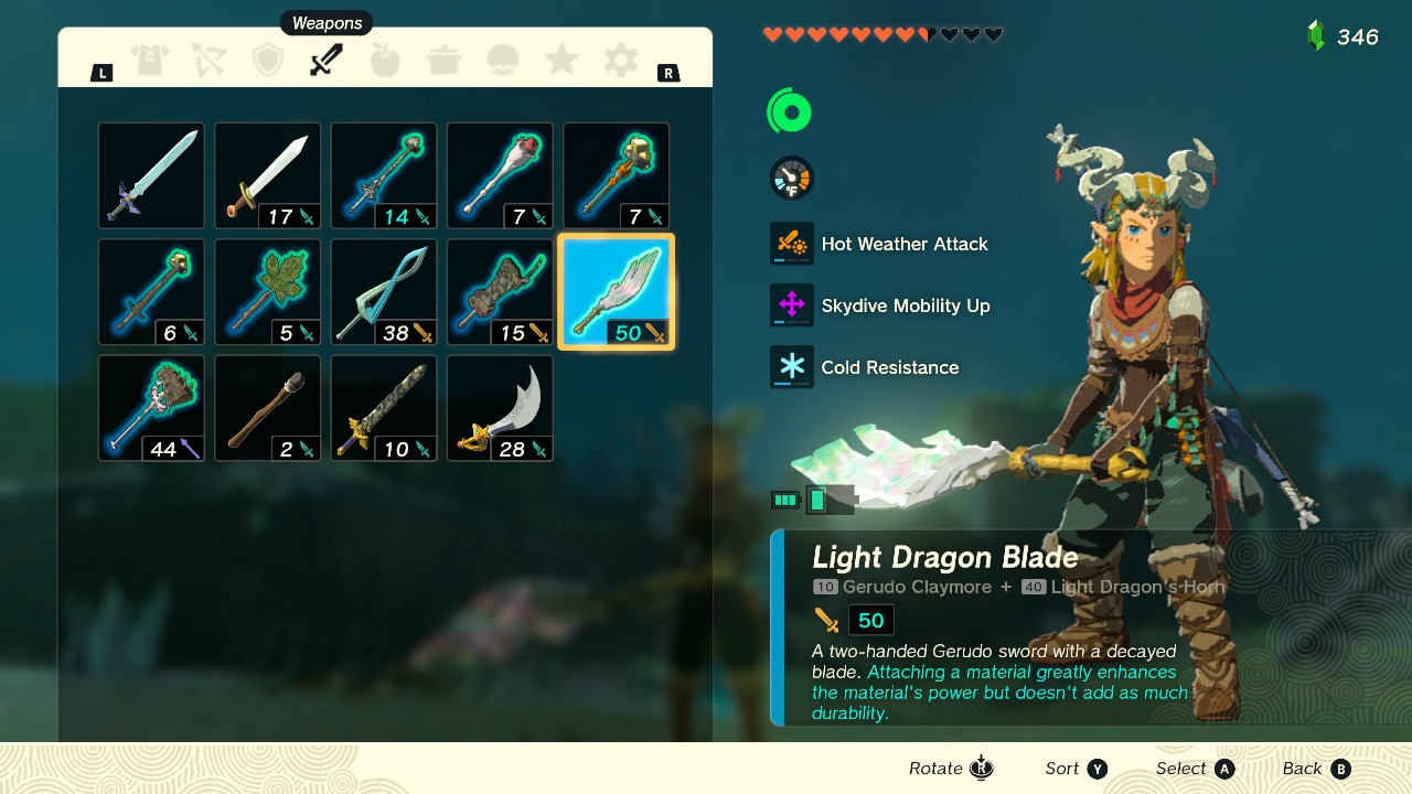 A screenshot of the weapons inventory screen in Zelda: Tears of the Kingdom, showcasing Link with a Light Dragon Blade after using combining a weapon with a dragon horn
