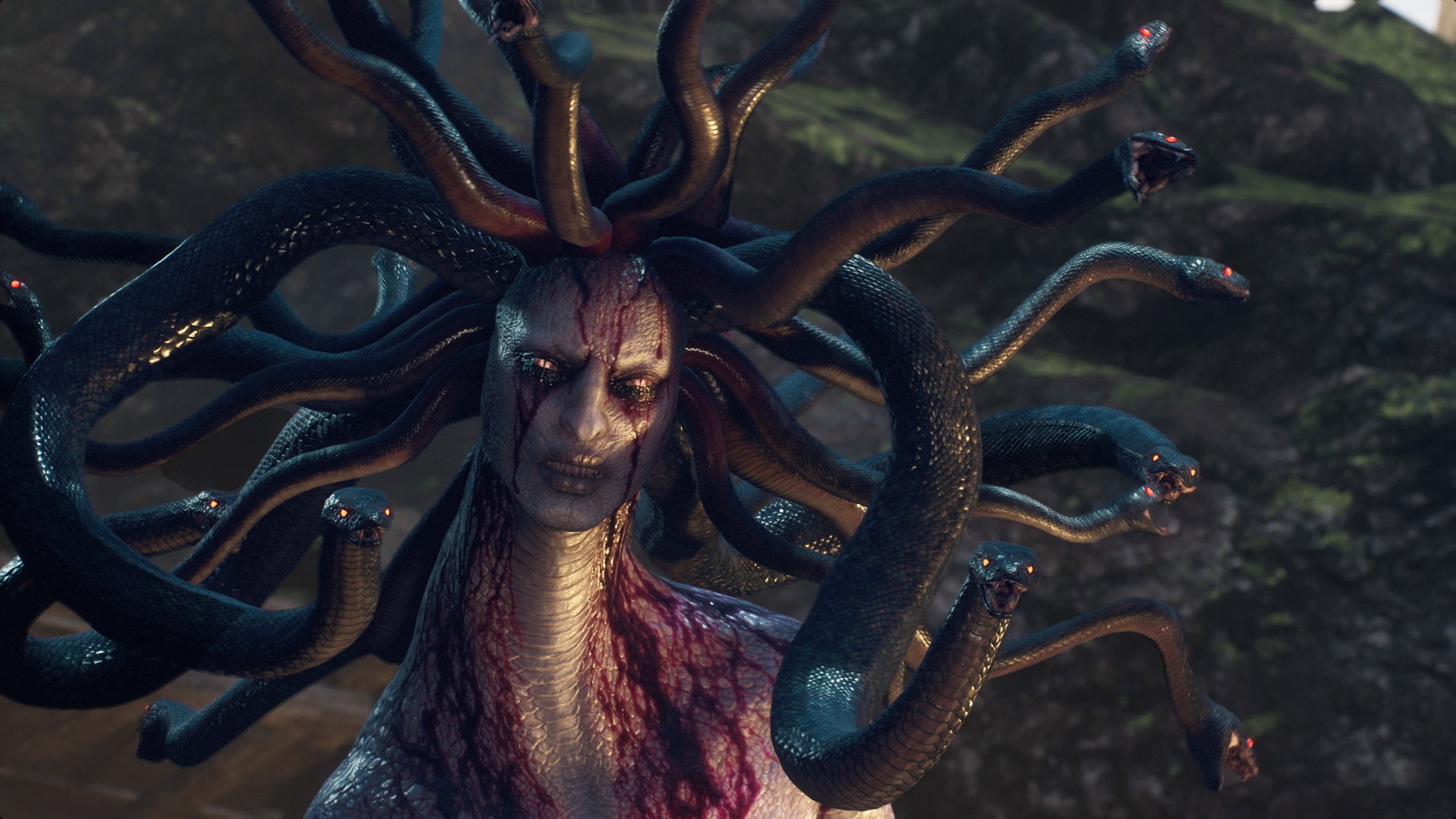 A closeup of a snake-haired Medusa like enemy in Dragon’s Dogma 2