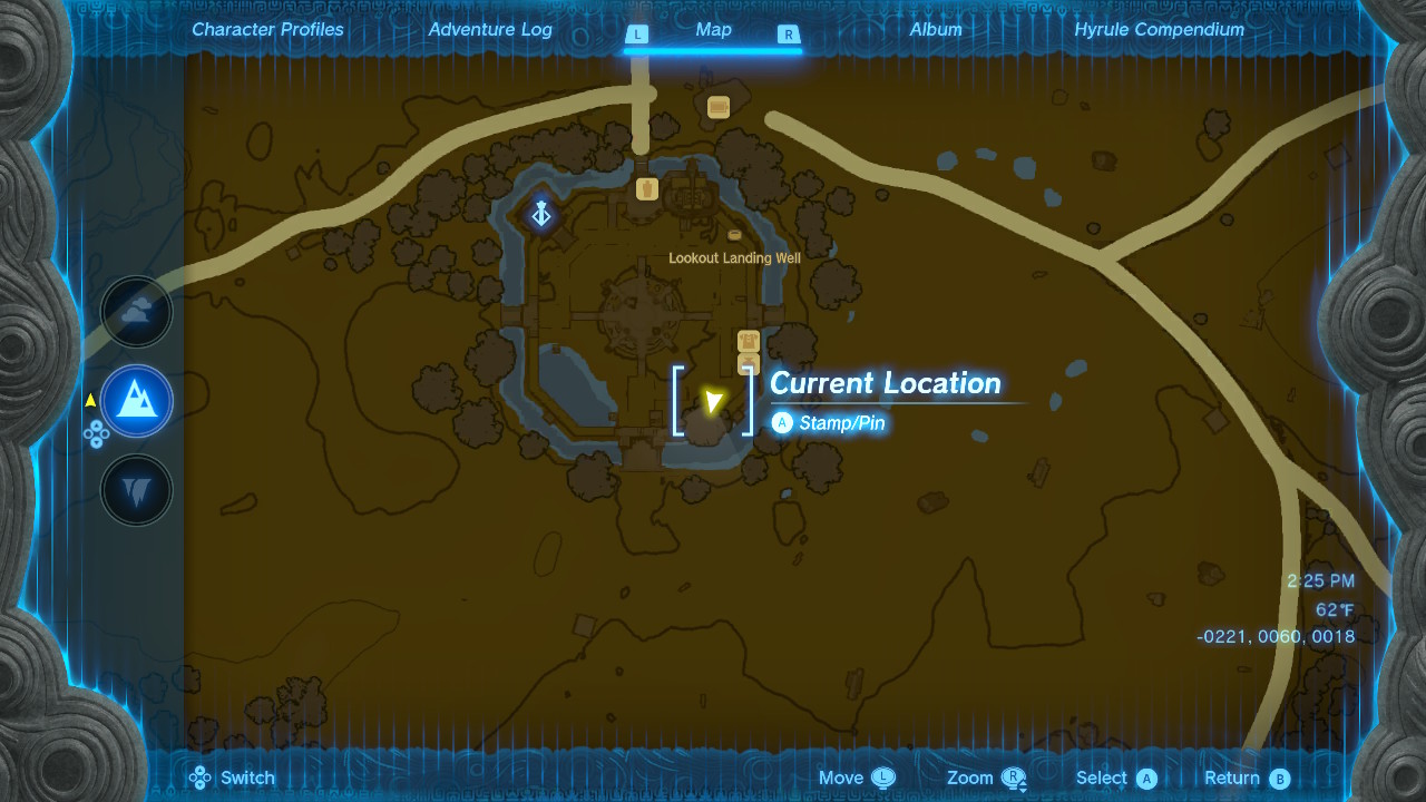 A screenshot of Lookout Landing’s map location in Zelda: Tears of the Kingdom, sign sliding the spot between the clothing store and the stable