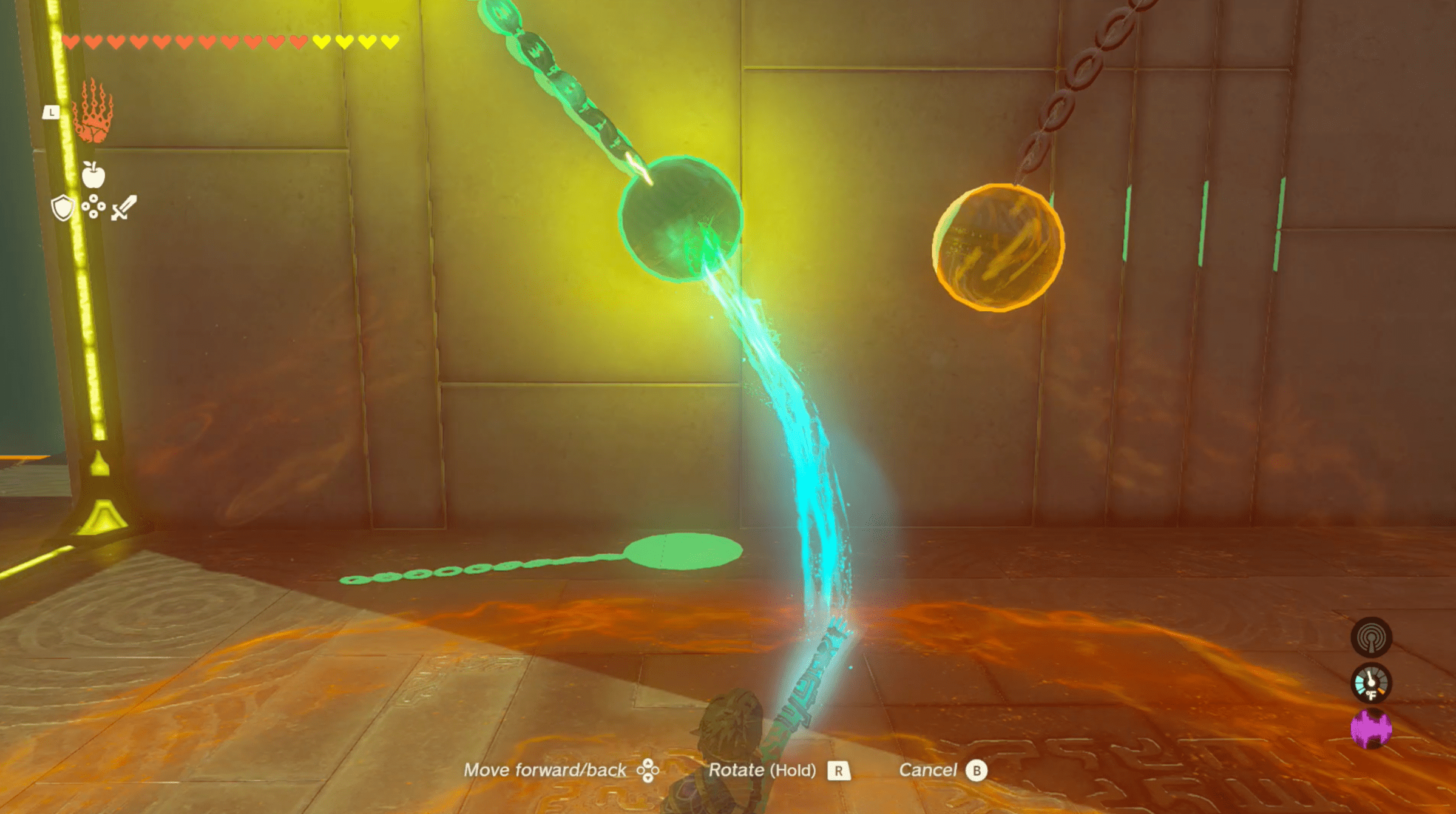 An image of a puzzle in The Legend of Zelda: Tears of the Kingdom. Link is using Ultrahand to glue an electrified hanging ball to another ball. The one on the left is swinging back and forth.