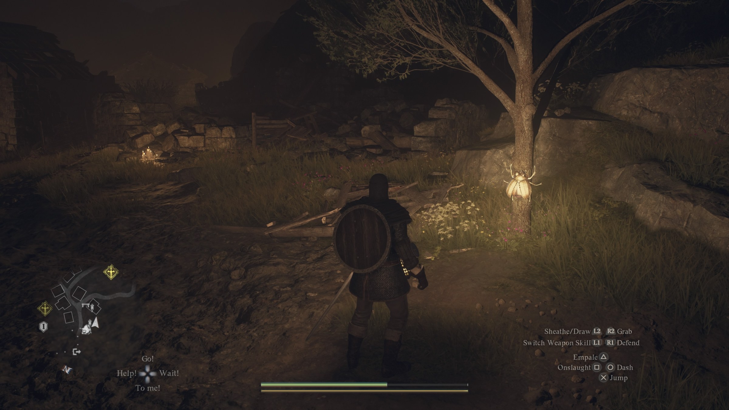 A character looks at a gold bug on a tree trunk at night in Dragon’s Dogma 2