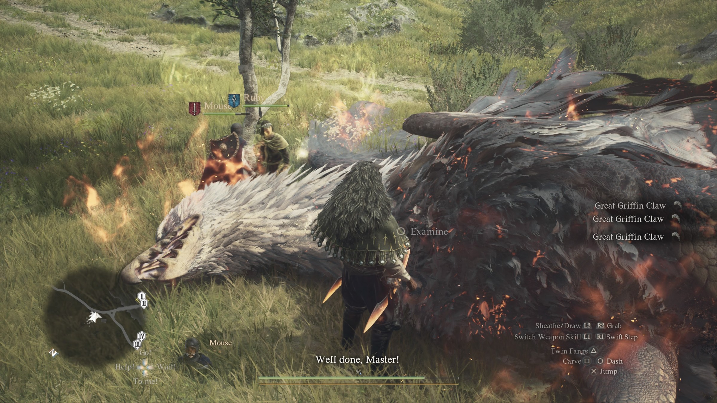 An Arisen loots a dead, flaming griffin in Dragon’s Dogma 2