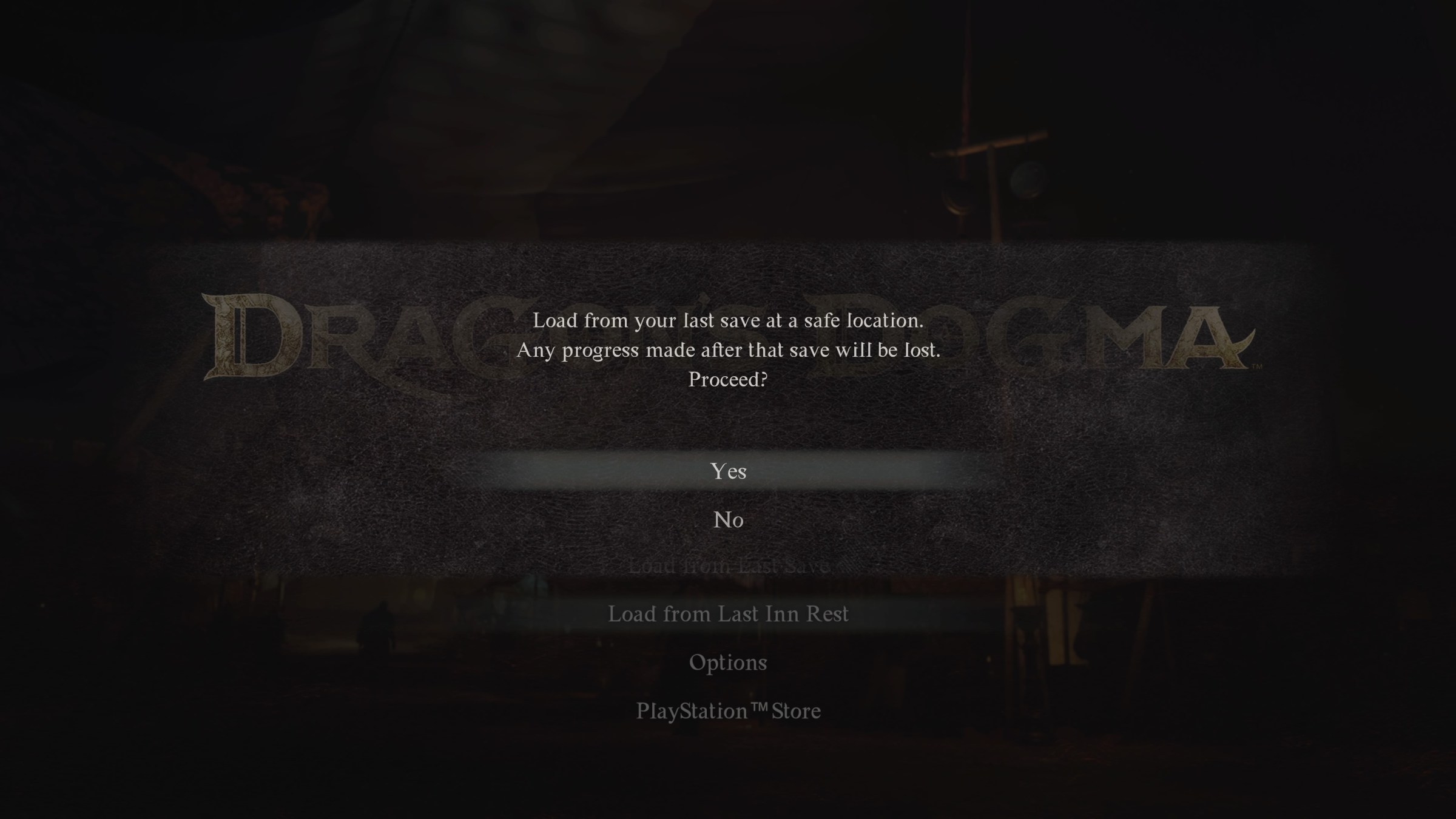A dialog box in Dragon’s Dogma 2 says, “Load from your last save at a safe location. Any progress made after that save will be lost. Proceed? Yes/No”