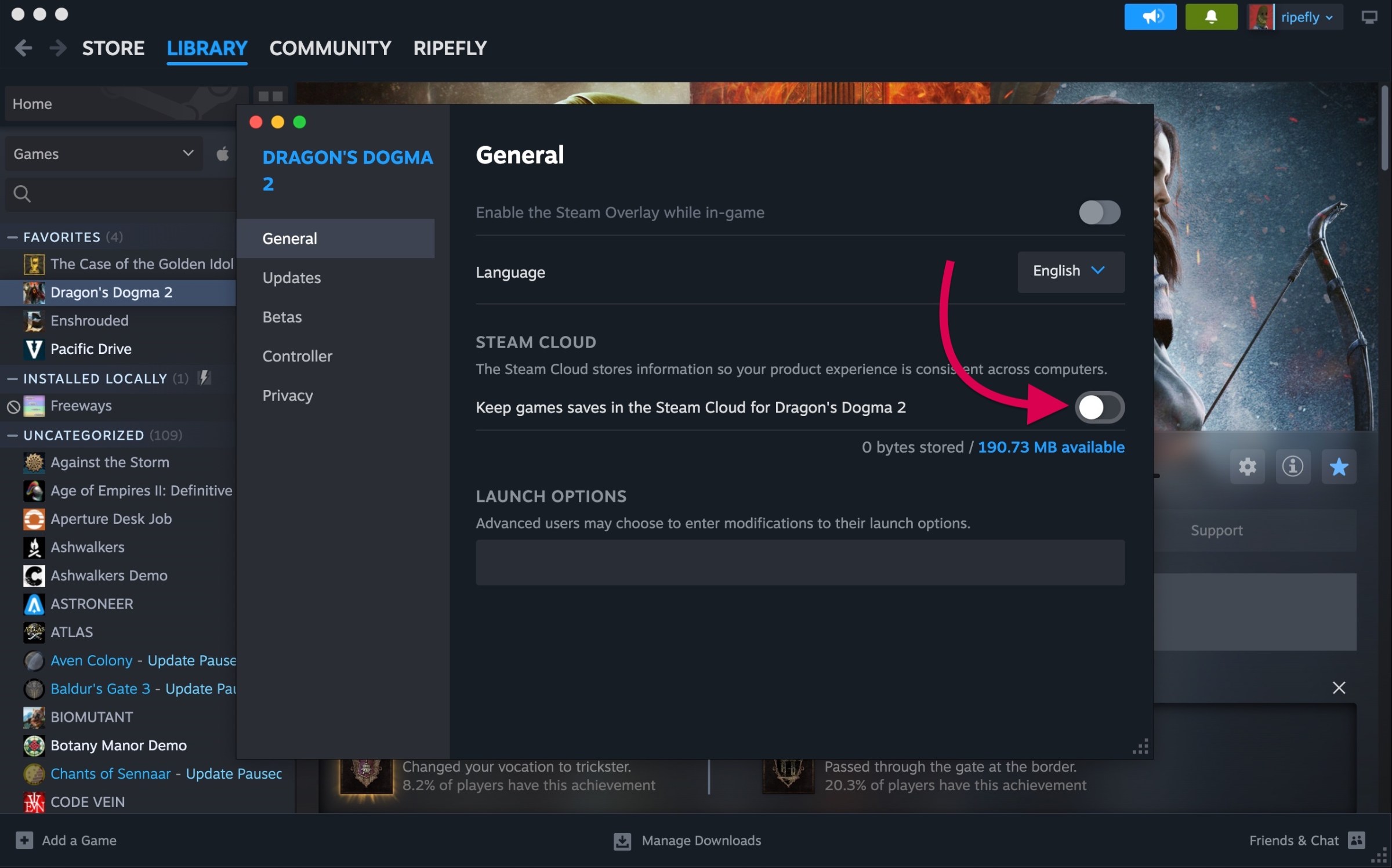 Turning off the Steam Cloud for Dragon’s Dogma 2 in Steam