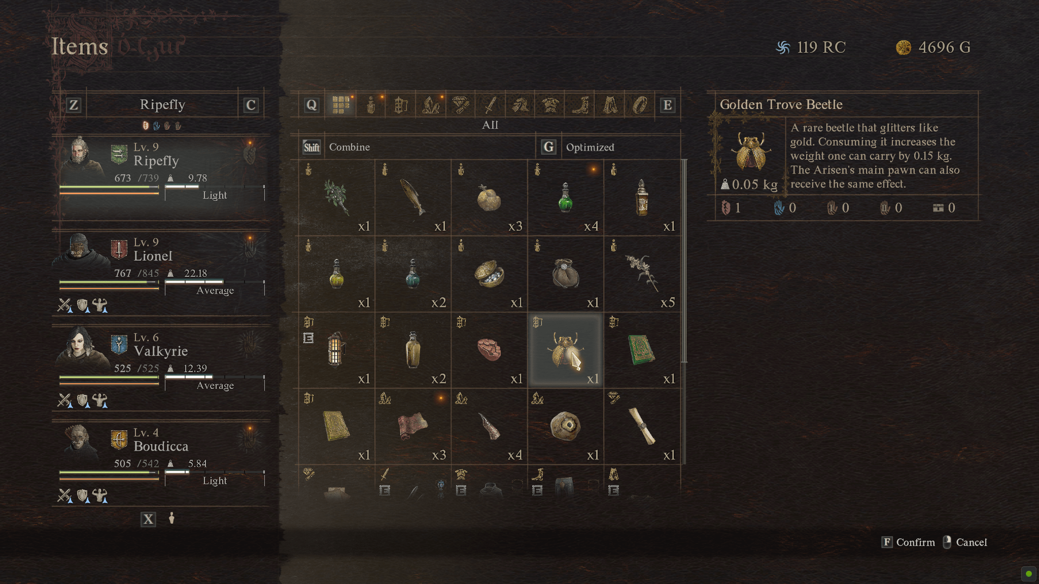 Dragon’s Dogma 2 inventory with a Golden Trove Beetle highlighted