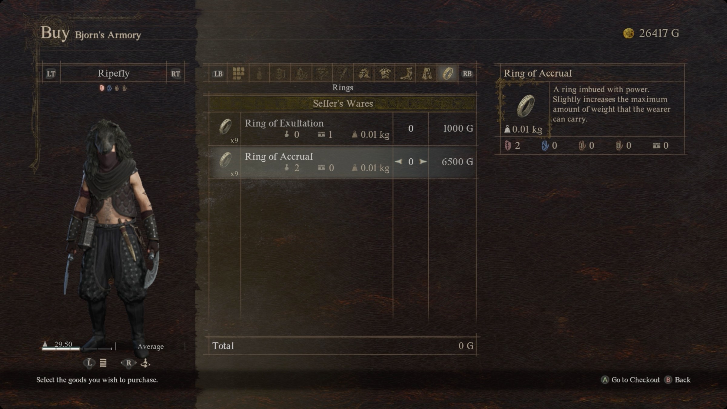 Dragon’s Dogma 2 vendor screen with a Ring of Accrual chosen