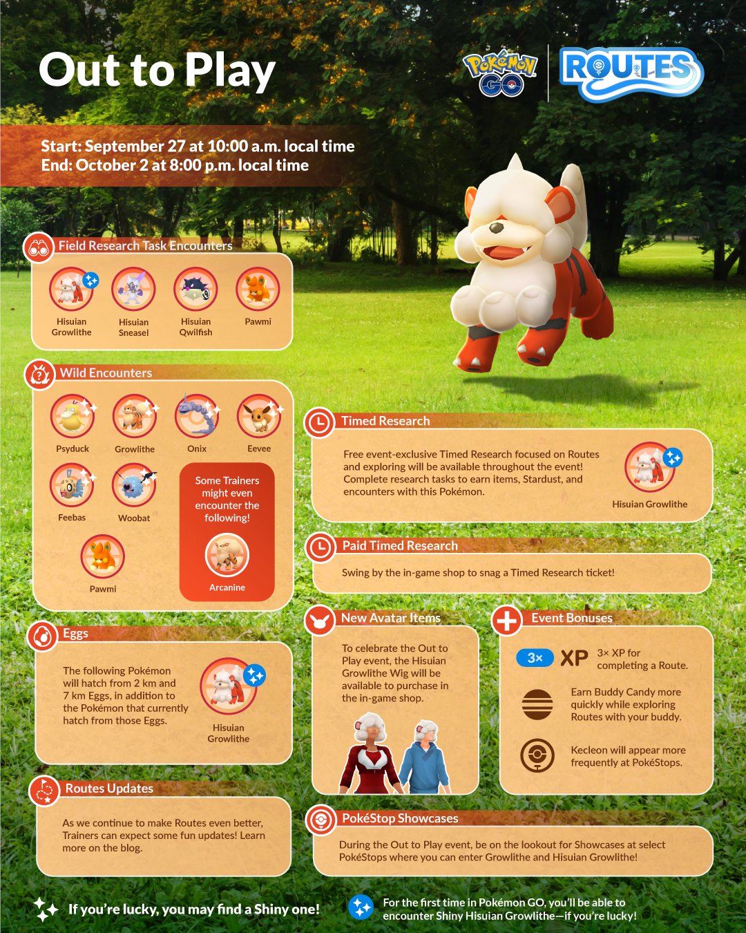 An infographic for the “Out to Play” Pokémon Go event, which features Hisuian Growlithe