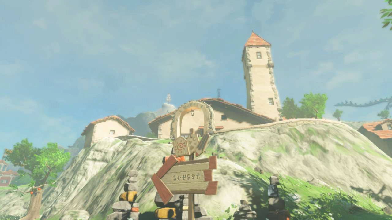 Reede’s house on a hill, with a sign in front in Zelda: Tears of the Kingdom
