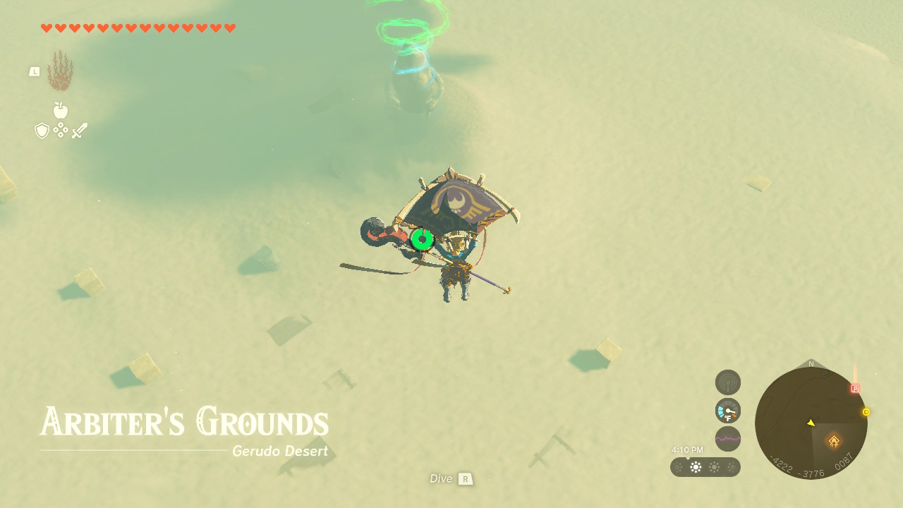 Link soaring into the Arbiter’s Grounds using his glider in Zelda: TOTK