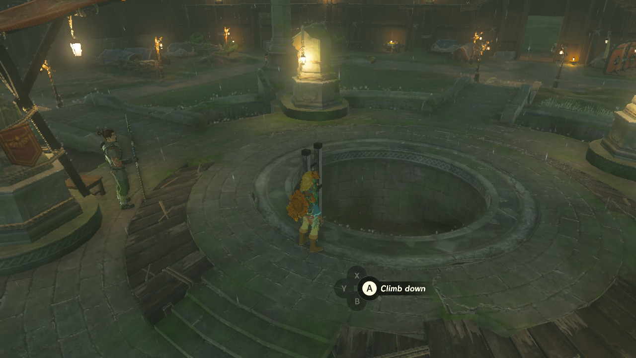 Link contemplating heading into the Emergency Shelter in Lookout Landing