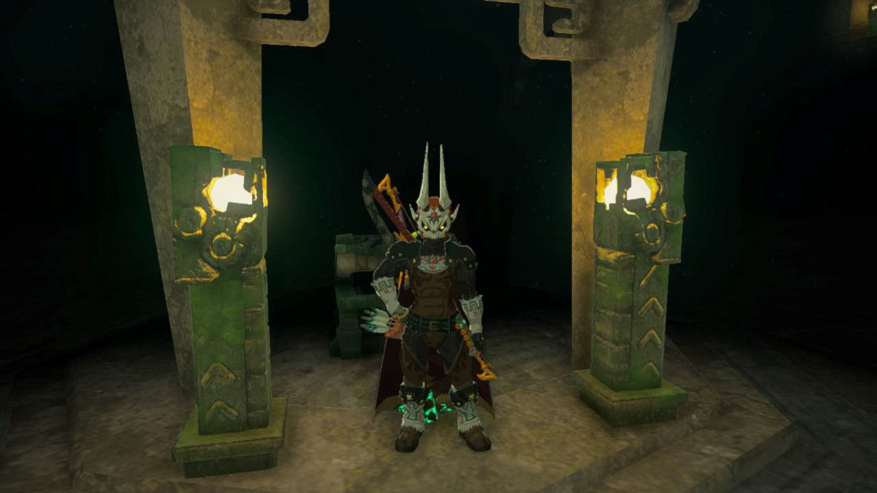Link poses in the Evil Spirit set underground in Tears of the Kingdom