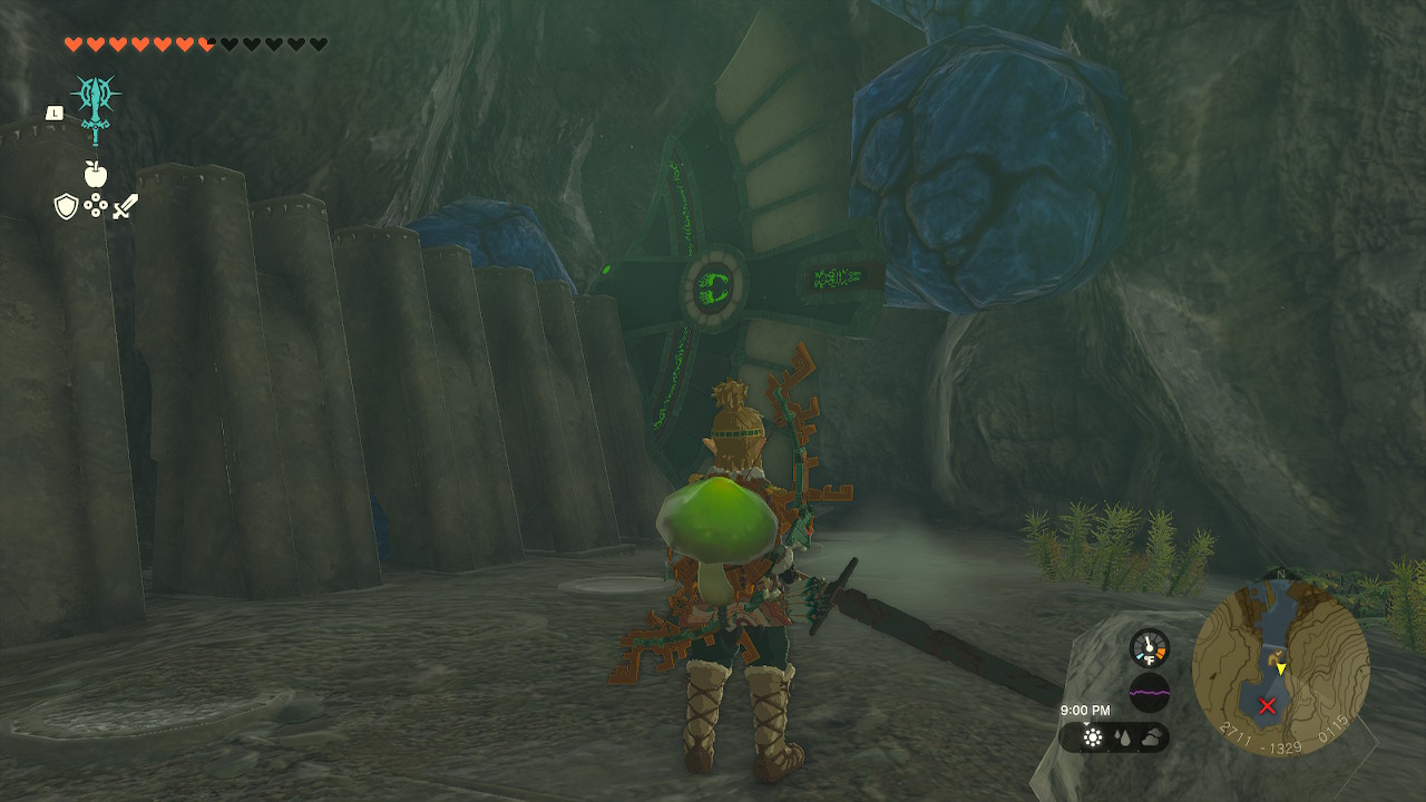 Link looking at a glider revealed behind blue rocks.