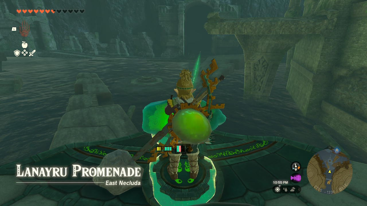 Link on a glider with a crystal attached, headed toward the O-ogim Shrine opening.