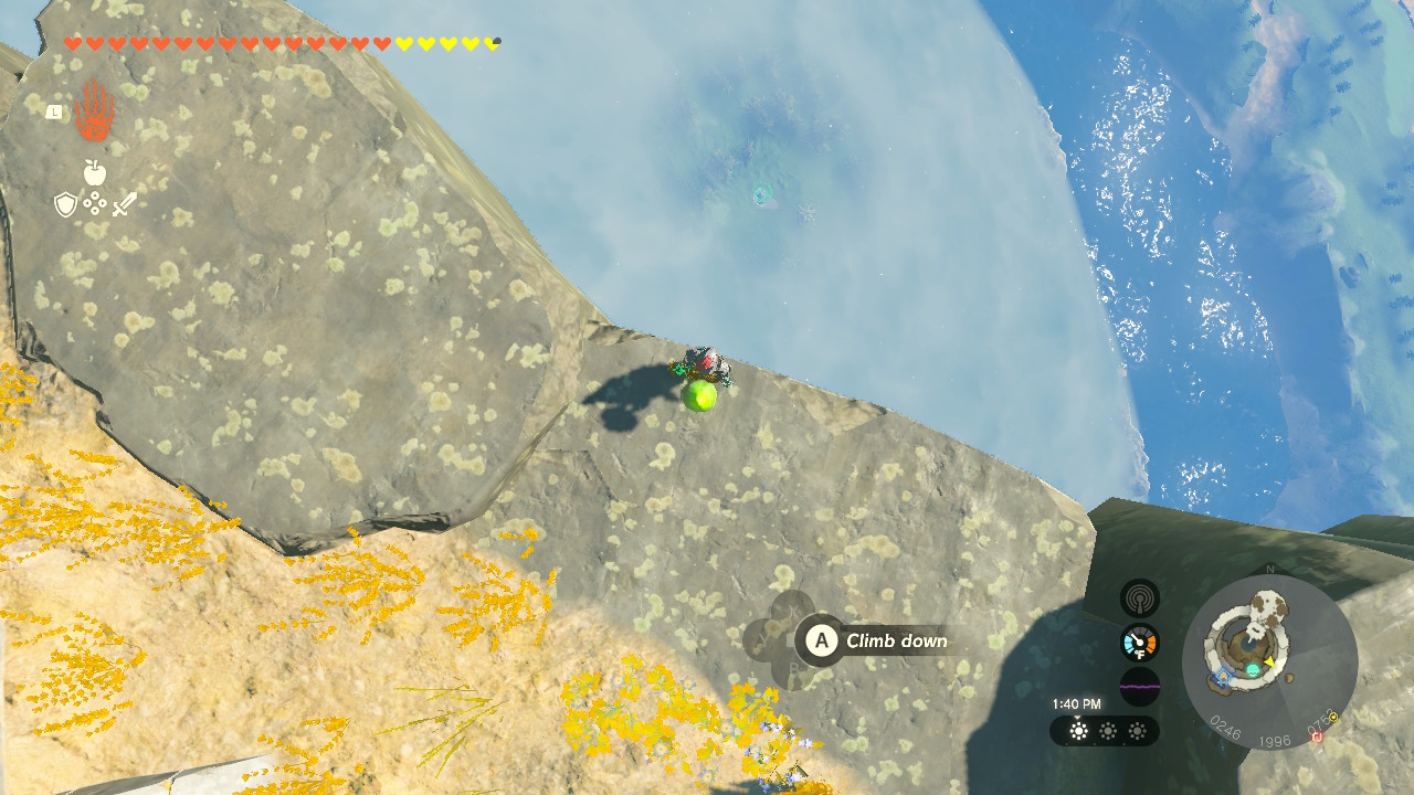 Link looking down from Bravery Island to see the Ninjis Shrine in Zelda: TOTK.