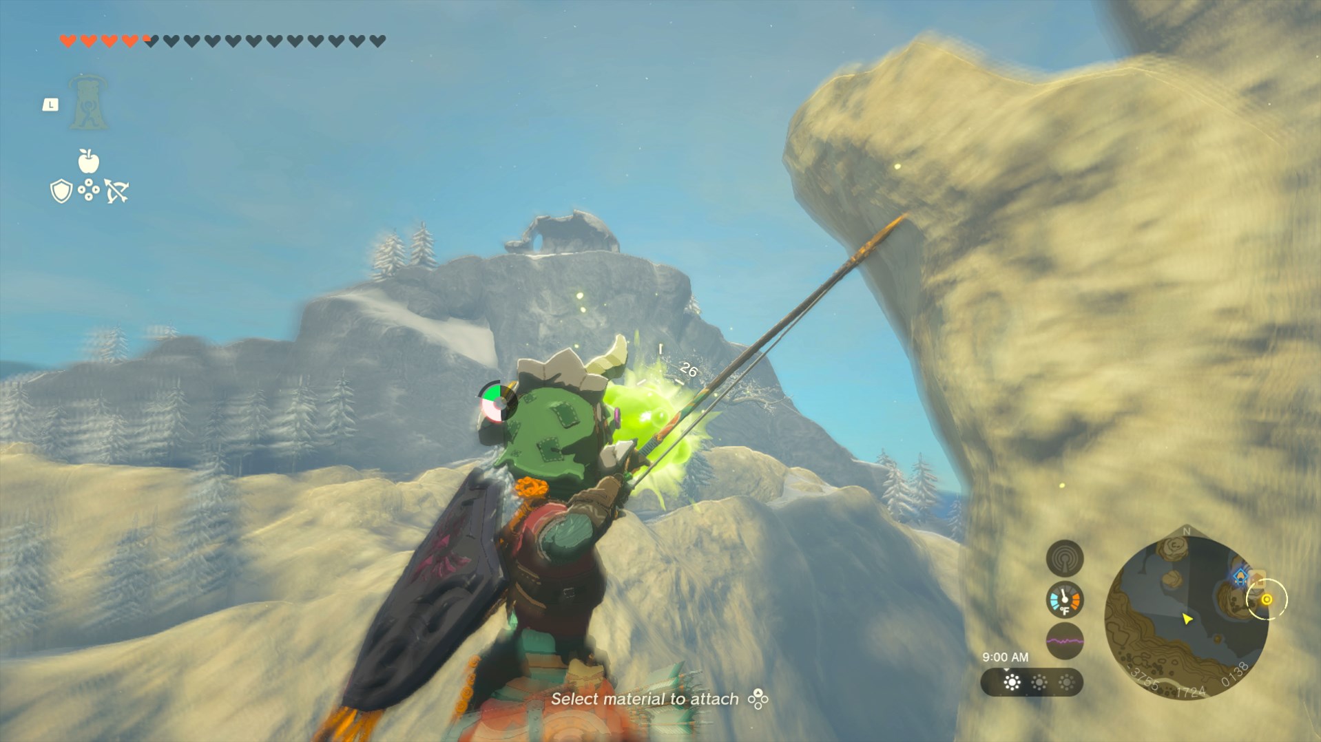 Link shoots a Yellow Chuchu jelly attached to his arrow while falling down a cliff in Tears of the Kingdom. He’s also wearing a Lizalfos hat for some reason and has no HP.