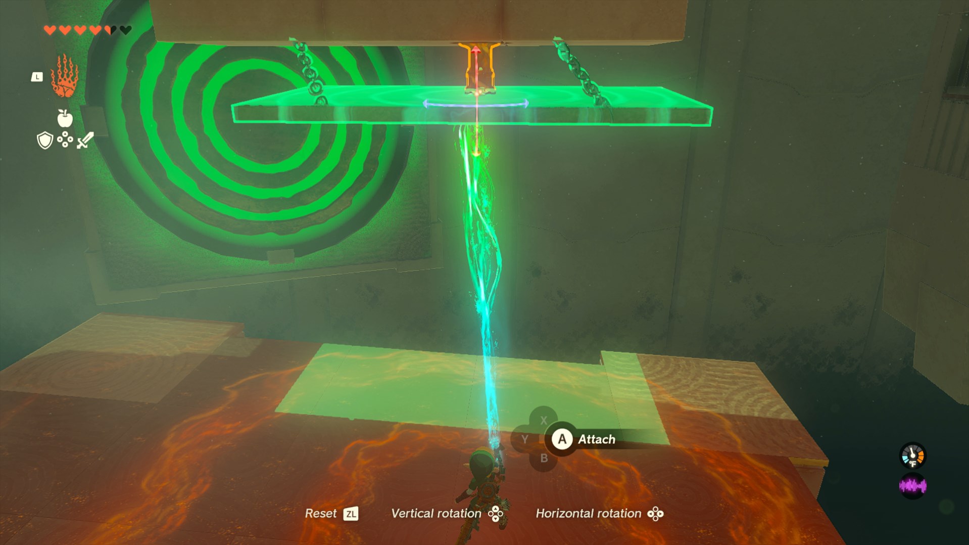 Link attaching a hanging panel to a stake in the Mayachin Shrine in the Legend of Zelda: Tears of the Kingdom