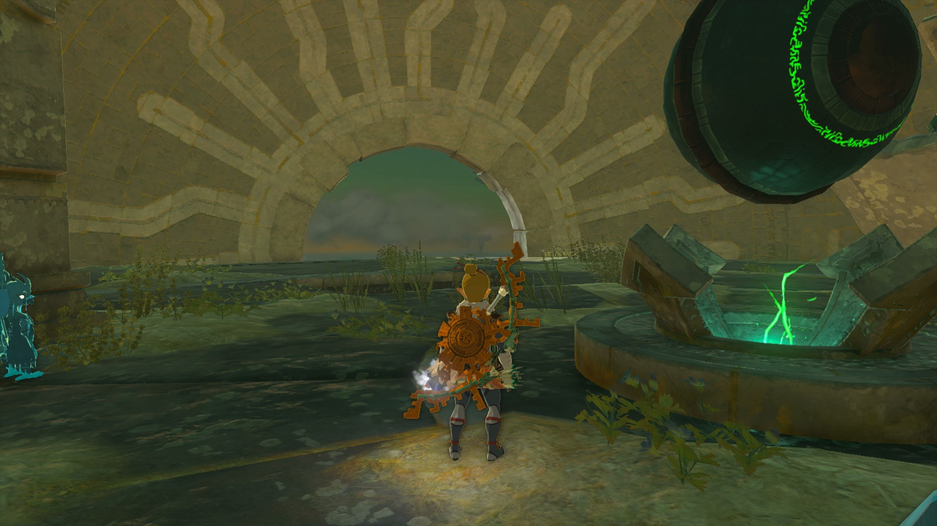 Link faces a large orb mechanism in Tears of the Kingdom, while inside of a large orb. The orb has an opening that’s cut in half by the floor, creating a semi-circle entryway.