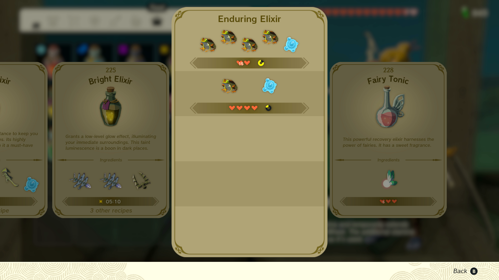 A recipe card for an enduring elixir in Tears of the Kingdom, showing the results of cooking varying numbers of frogs with a regular Chuchu jelly.
