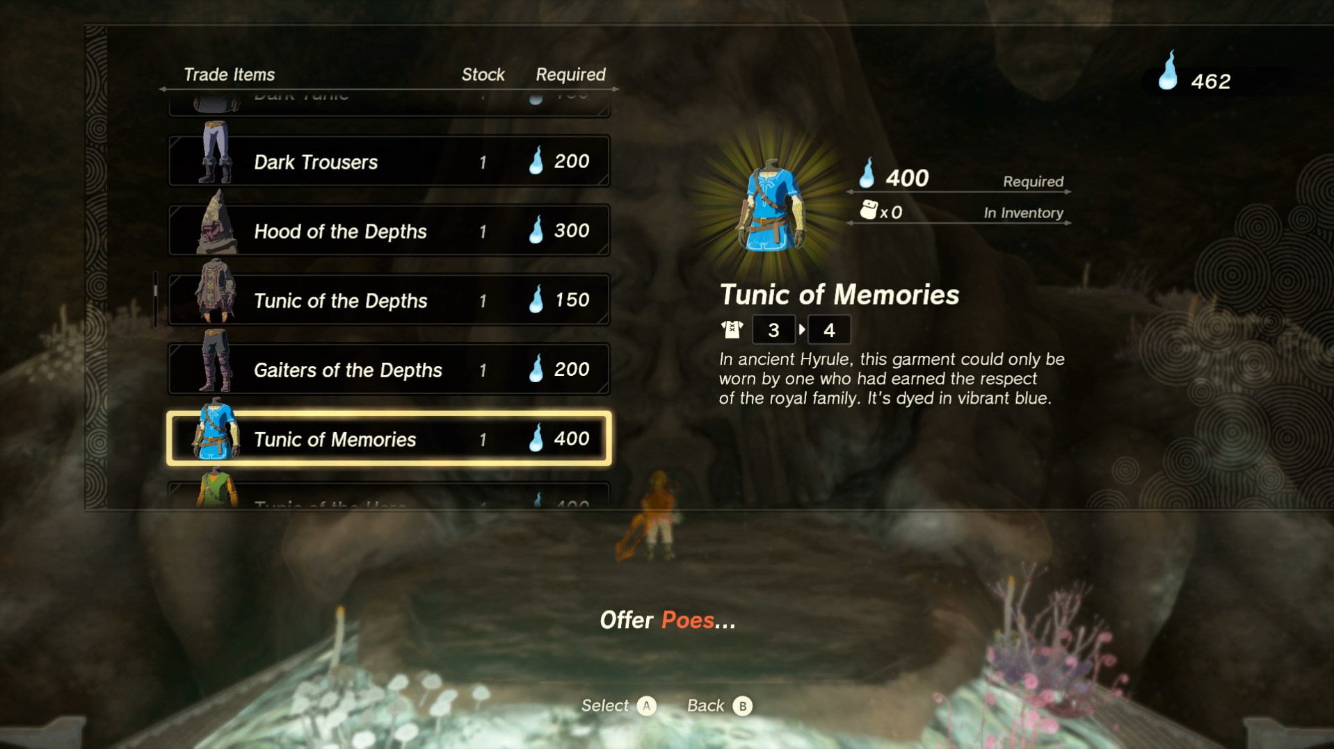 The bargainer statue wants poes in exchange for items in Tears of the Kingdom. The menu interface shows the Dark Trousers, Hood of the Depths, Tunic of the Depths, Gaithers of the Depths, and the Tunic of Memories.