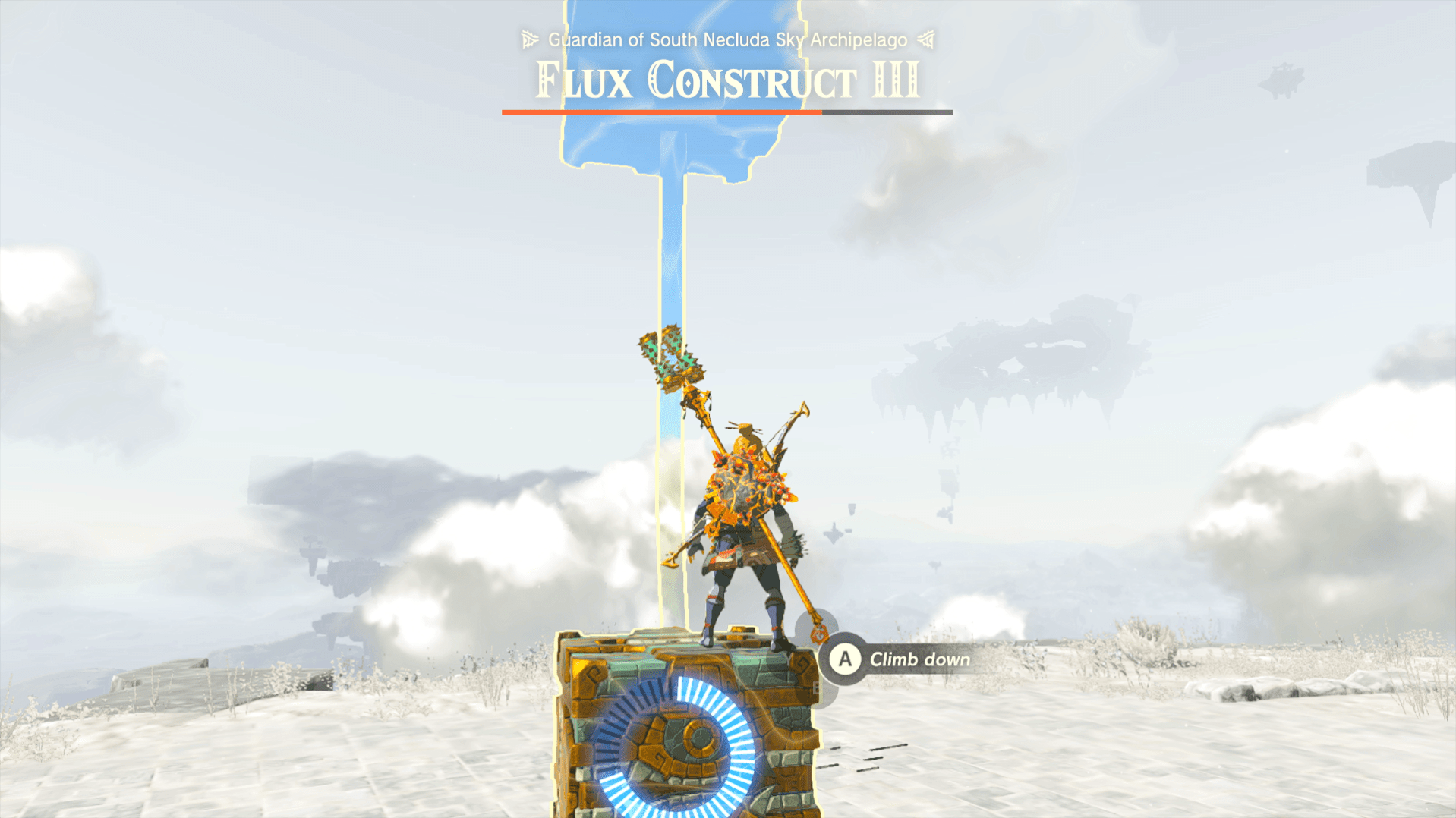 Link rides a cube up using Recall to a Flux Construct 3 in Tears of the Kingdom