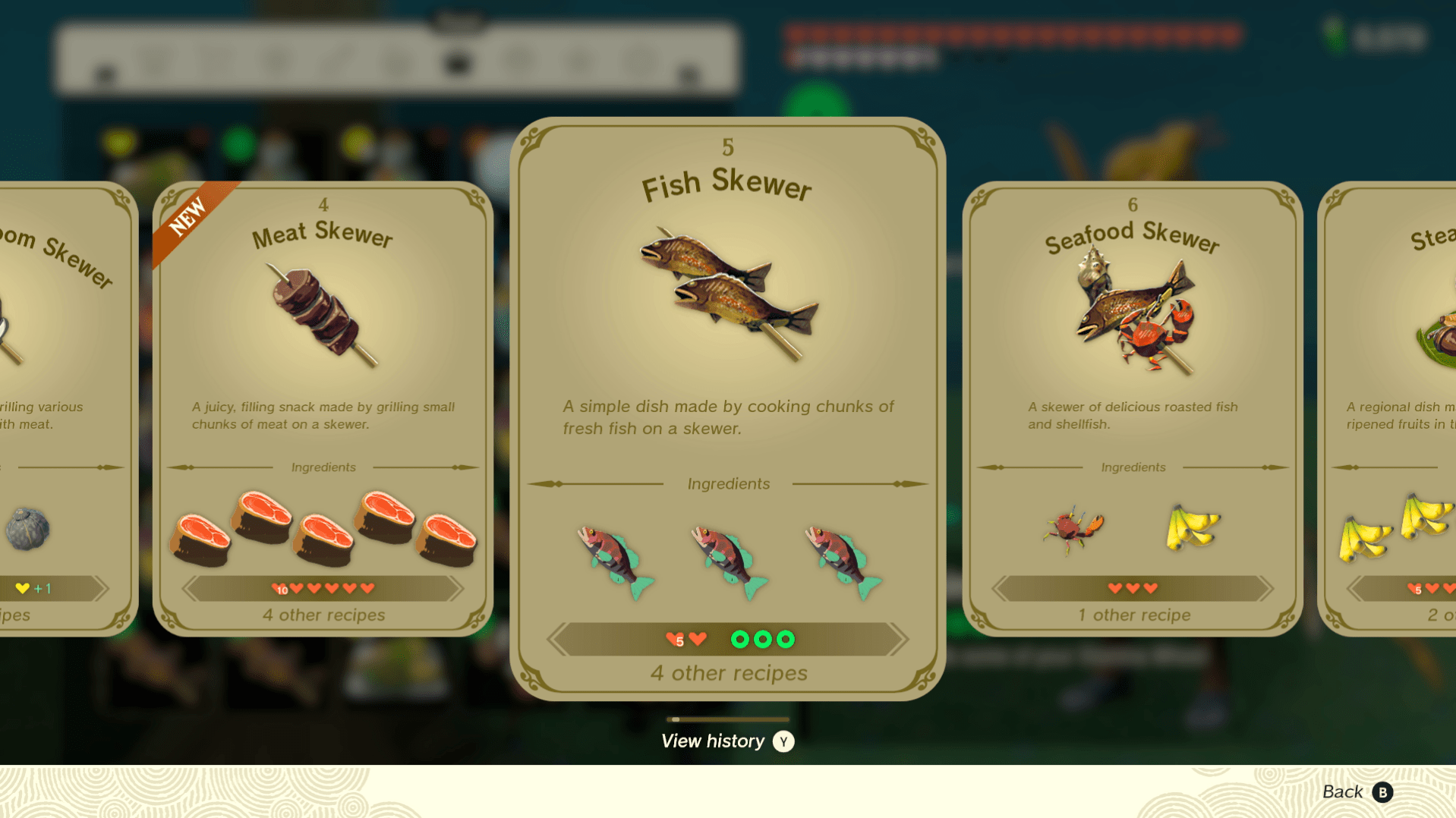 A recipe screen for a fish skewer in Tears of the Kingdom, specifically showing that three staminoka bass can give a skewer that recovers three stamina rings.