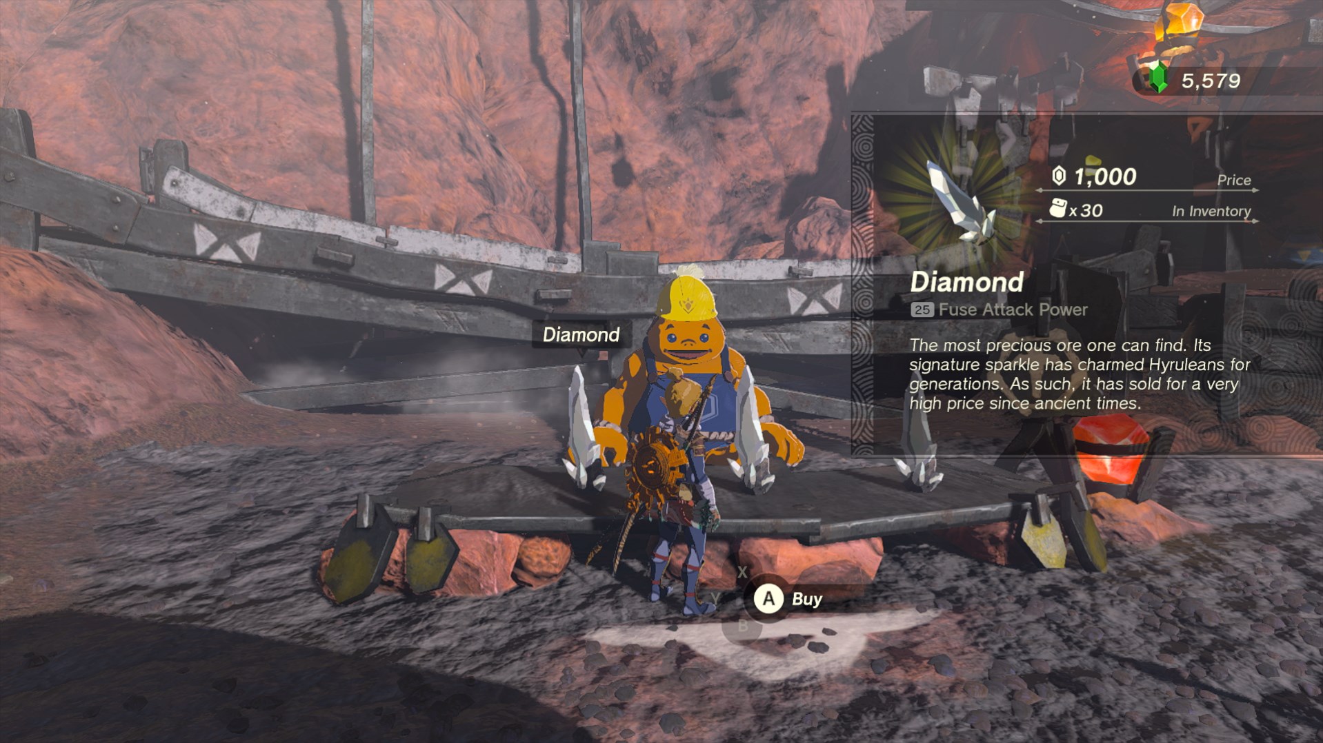 Link stands in front of a Goron City merchant that sells diamonds in Tears of the Kingdom