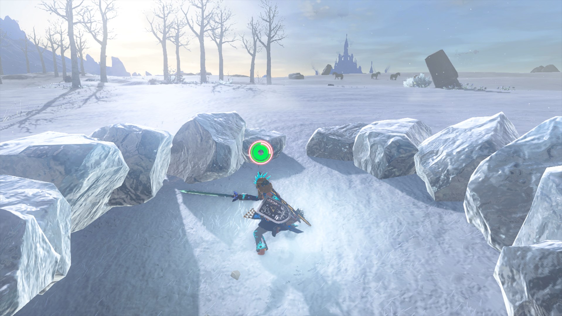 Link in the glowing blue Frostbite Armor in Tears of the Kingdom swings his sword in a circle, sending out blocks of ice around him.