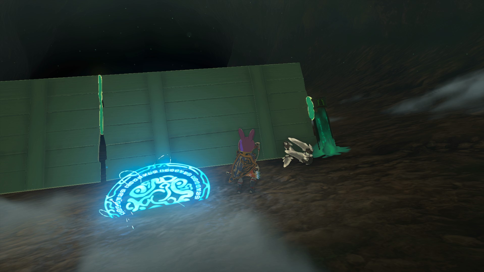 A stake in the ground holds up some green wooden planks that are holding diamonds in Tears of the Kingdom