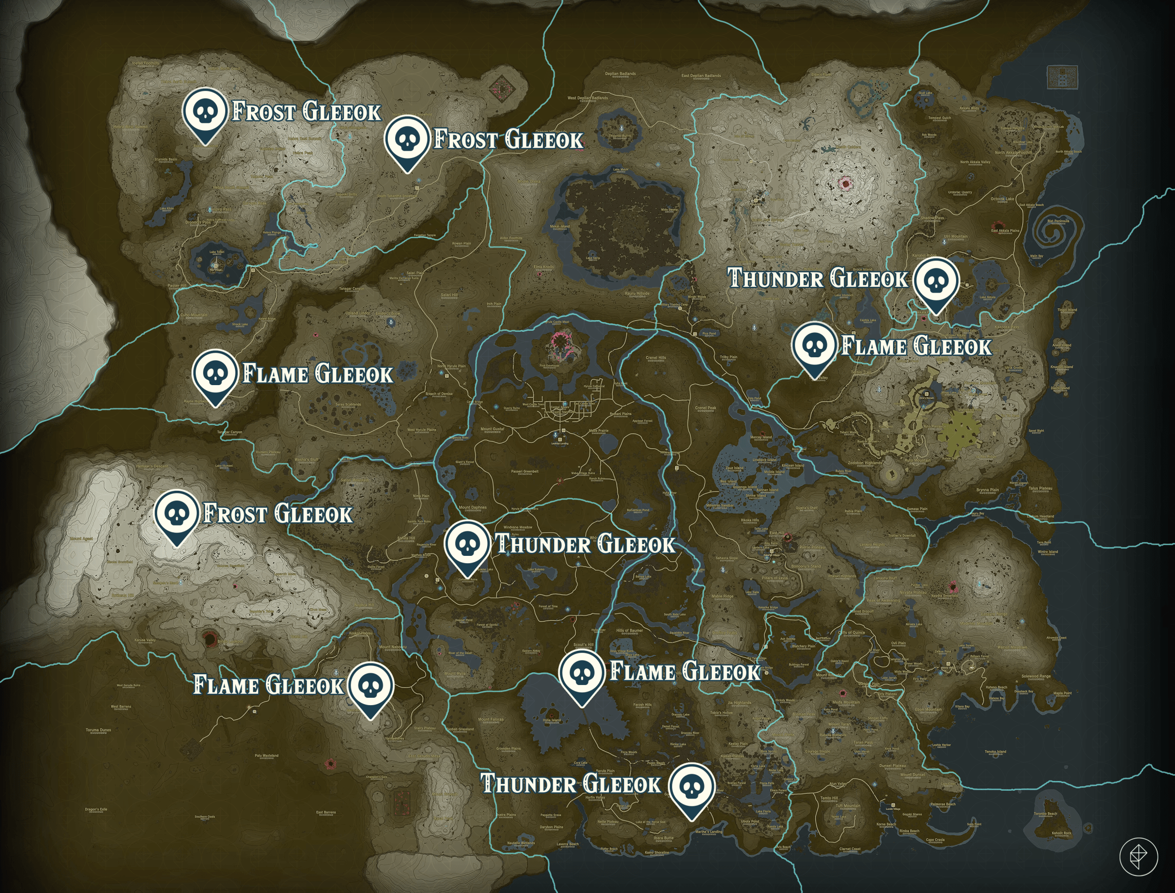 Gleeok locations on the map of Hyrule in the Legend of Zelda: Tears of the Kingdom.