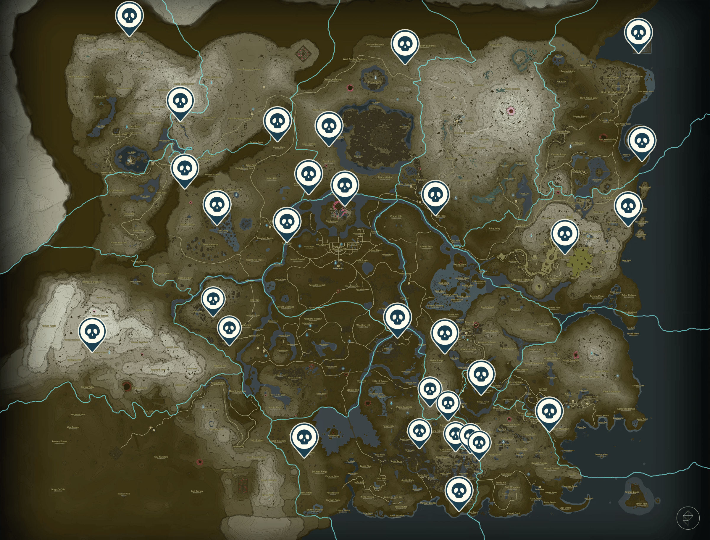 Hinox locations marked on the Surface map of Hyrule in The Legend of Zelda: Tears of the Kingdom.