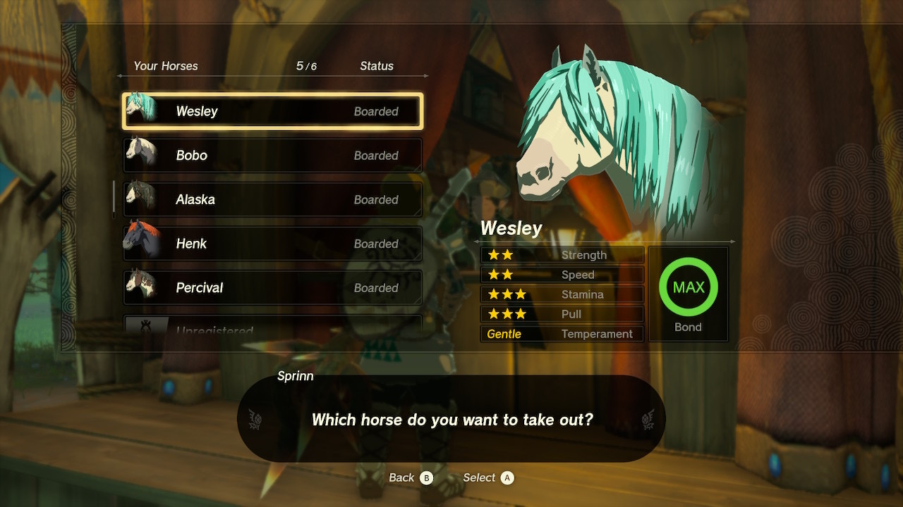 A list of horses in a menu. “Wesley, Bobo, Alaska, Henk, Percival.” Wesley, a horse with a blue mane and a white face, is selected. A dialog box at the bottom reads, “Which horse do you want to take out?”