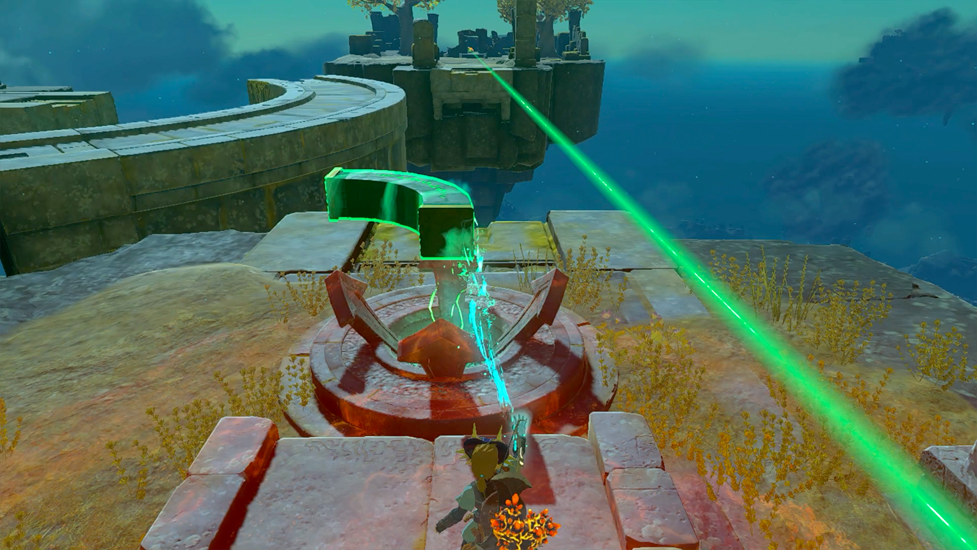 Link moves a stone arch bridge with a device in The Legend of Zelda: Tears of the Kingdom