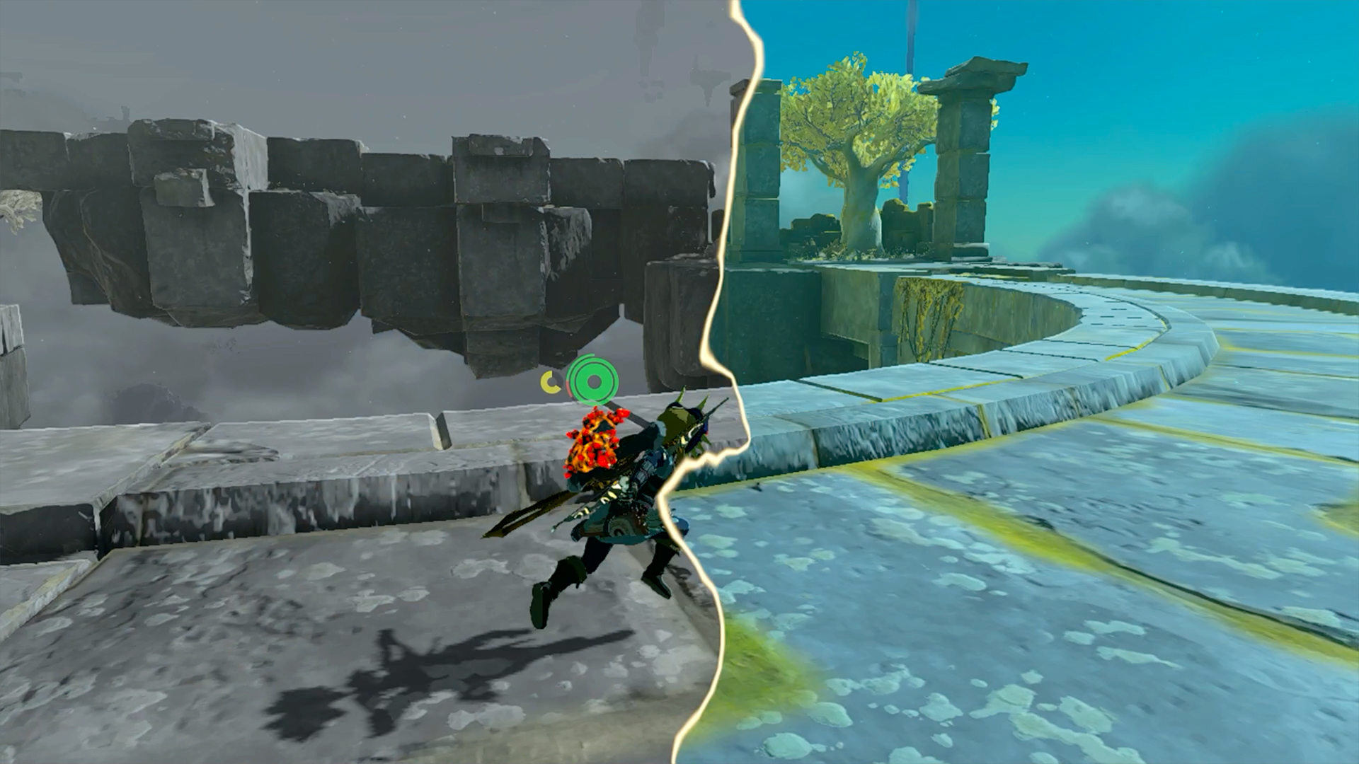 Link runs across a bridge while Recall takes effect in The Legend of Zelda: Tears of the Kingdom