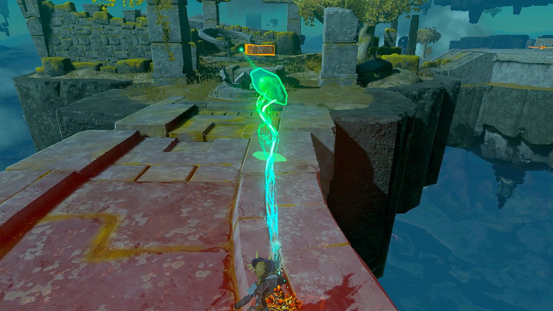 Link uses Ultrahand to guide a sky crystal toward Josiu Shrine in Zelda: Tears of the Kingdom