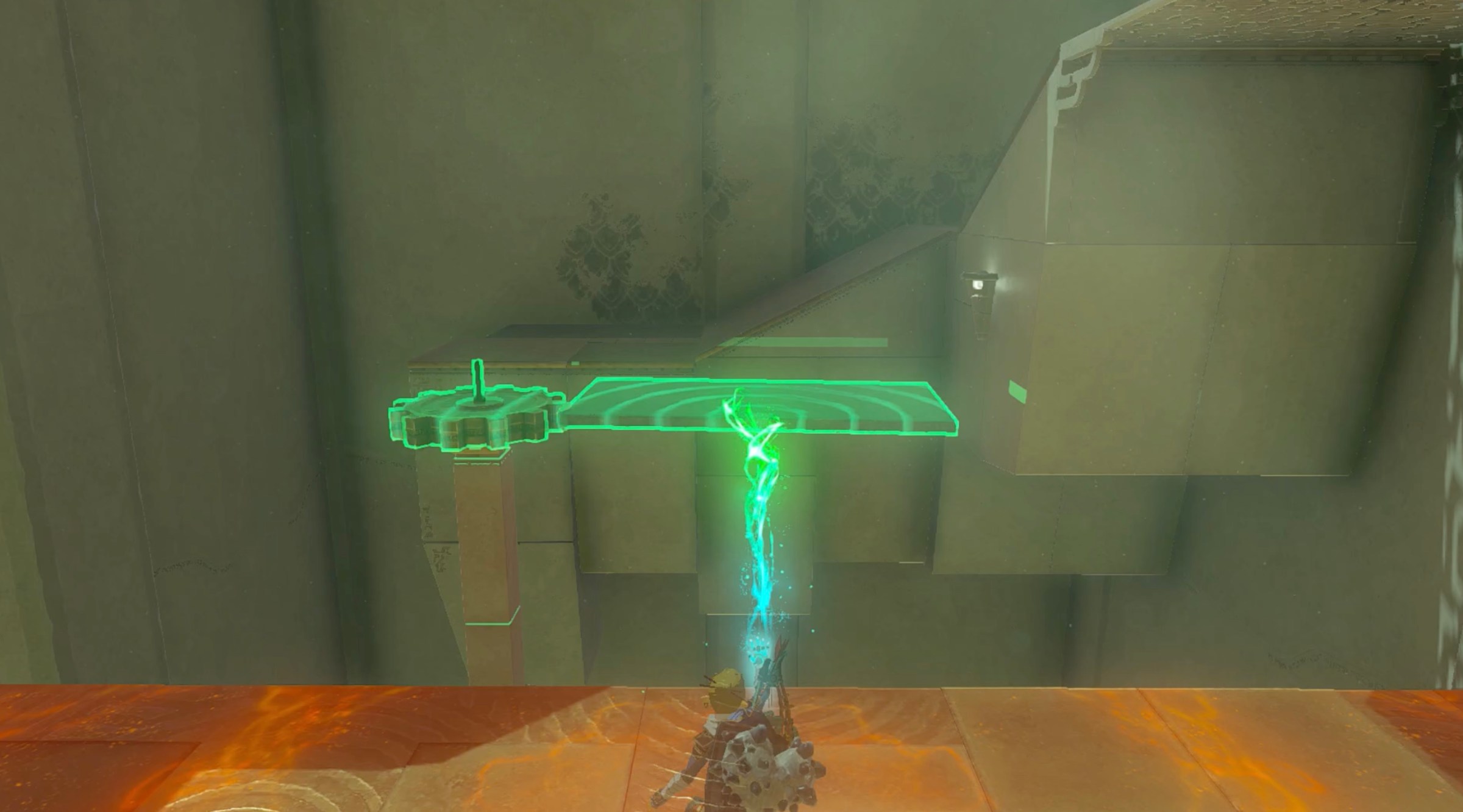 Kitawak Shrine walkthrough in Zelda Tears of the Kingdom: Link attaches a stone slab to a cog