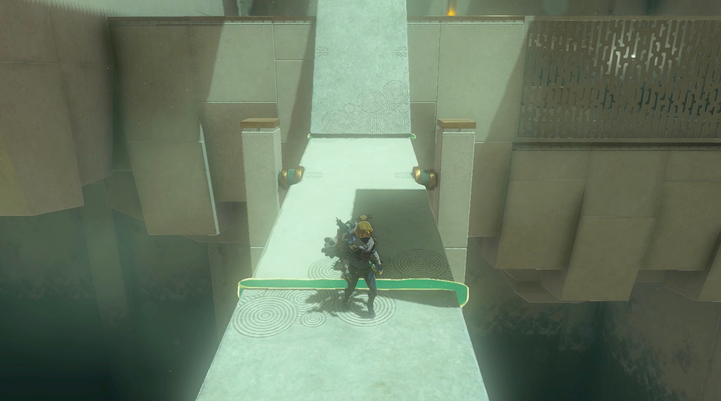 Kitawak Shrine walkthrough in Zelda Tears of the Kingdom: Link attaches a stone slab to form an inclined bridge