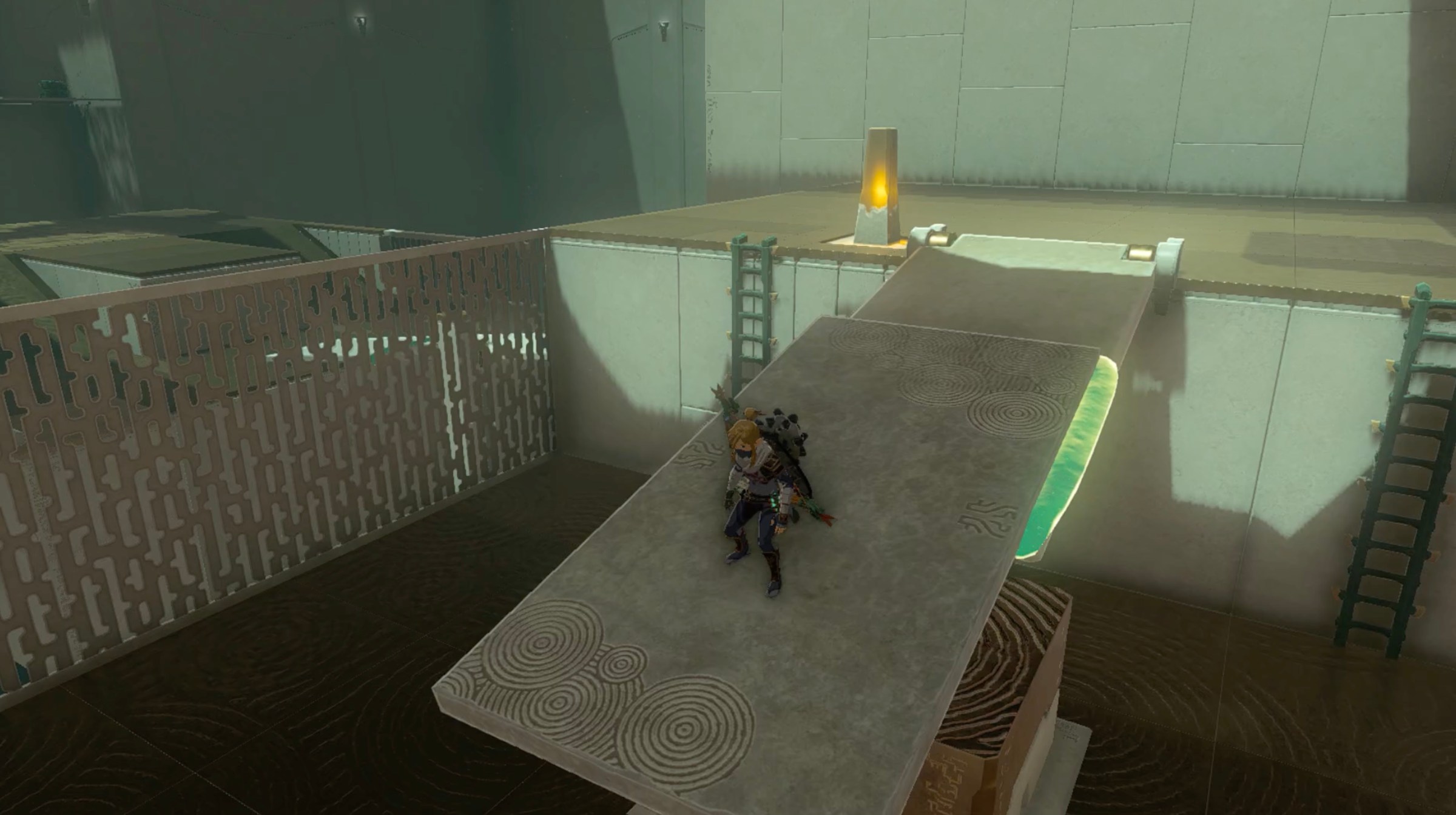 Kitawak Shrine walkthrough in Zelda Tears of the Kingdom: Link attaches a stone slab to form a catapult